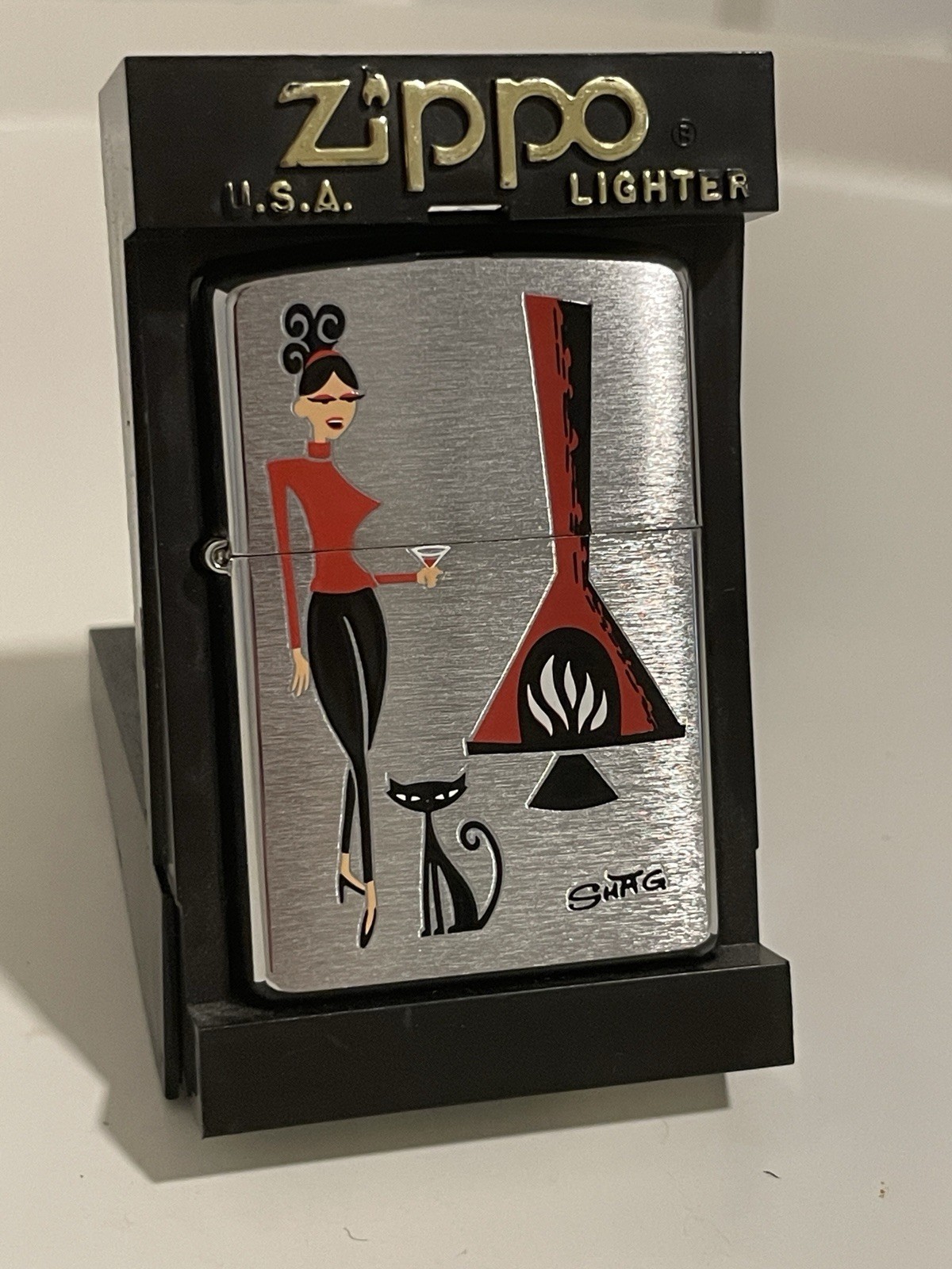 Shag Zippo Martini Girl With Cat Fireplace Josh Agle Flamerite New In Case Rare Shag Zippo Martini Girl With Cat Fireplace Josh Agle Flamerite New In Case Rare