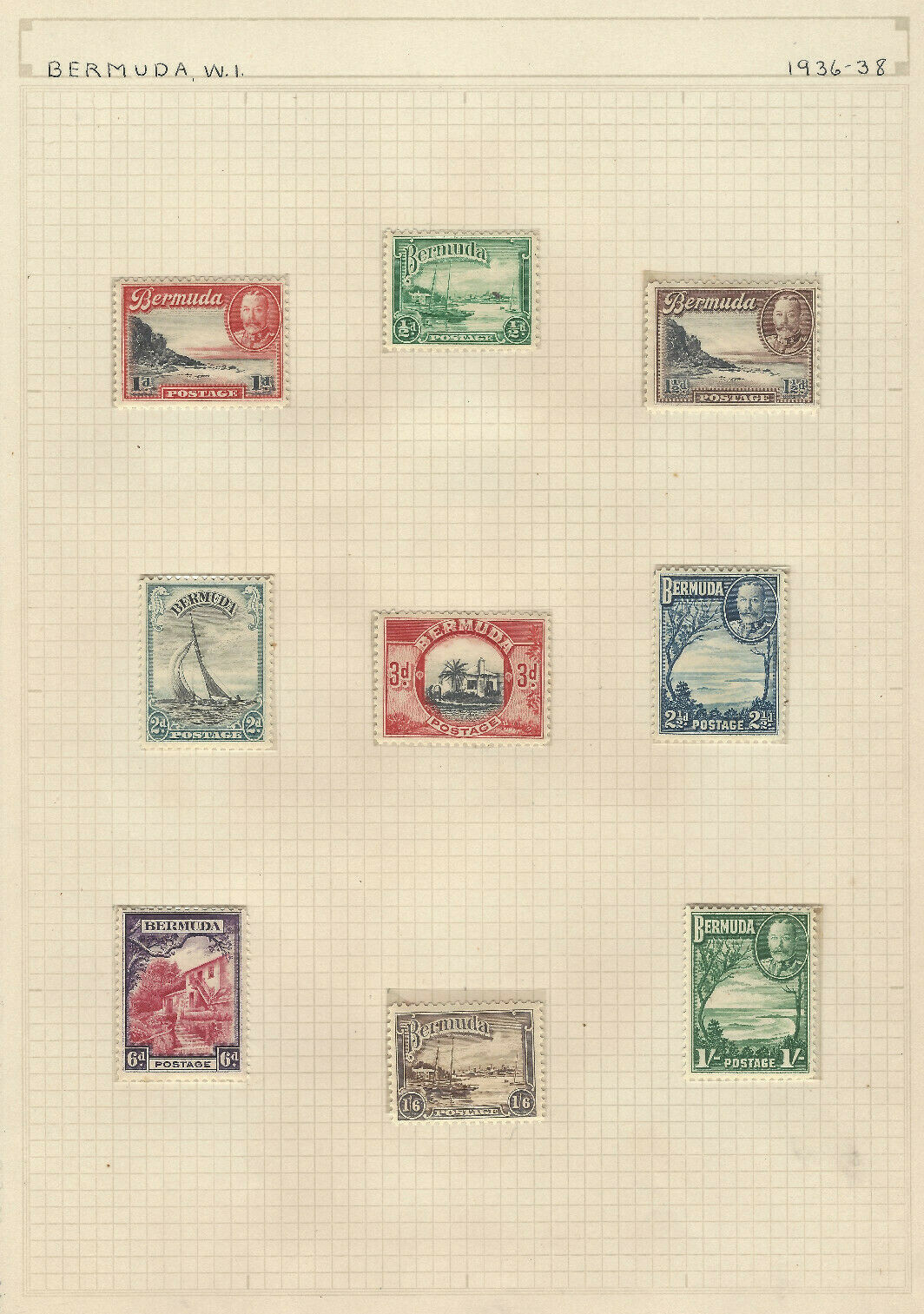 1936 BERMUDA MINT STAMPS #105-114 SHORT SET IN CLEAR PROTECTORS