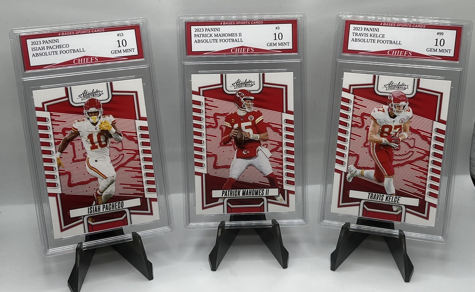 2023 Absolute Patrick Mahomes Travis Kelce Isiah Pacheco Chiefs 3 Card Team Set