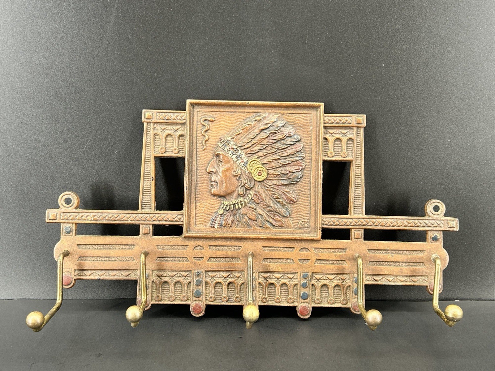 Antique Judd Co.Cast Iron and Bronze Wall-mounted Coat Tie Rack Native American Antique Judd Co.Cast Iron and Bronze Wall-mounted Coat Tie Rack Native American