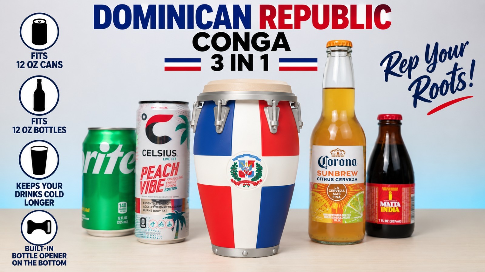 Dominican Republic Conga 3-in-1 Can & Bottle Drink Holder with Bottle Opener