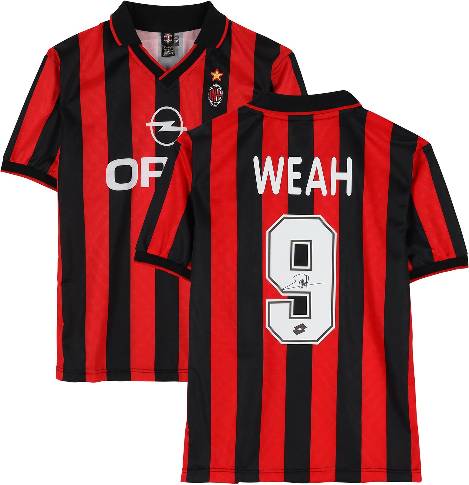 George Weah AC Milan Autographed 1996 Red and Black Home Jersey Signed on Back George Weah AC Milan Autographed 1996 Red and Black Home Jersey Signed on Back