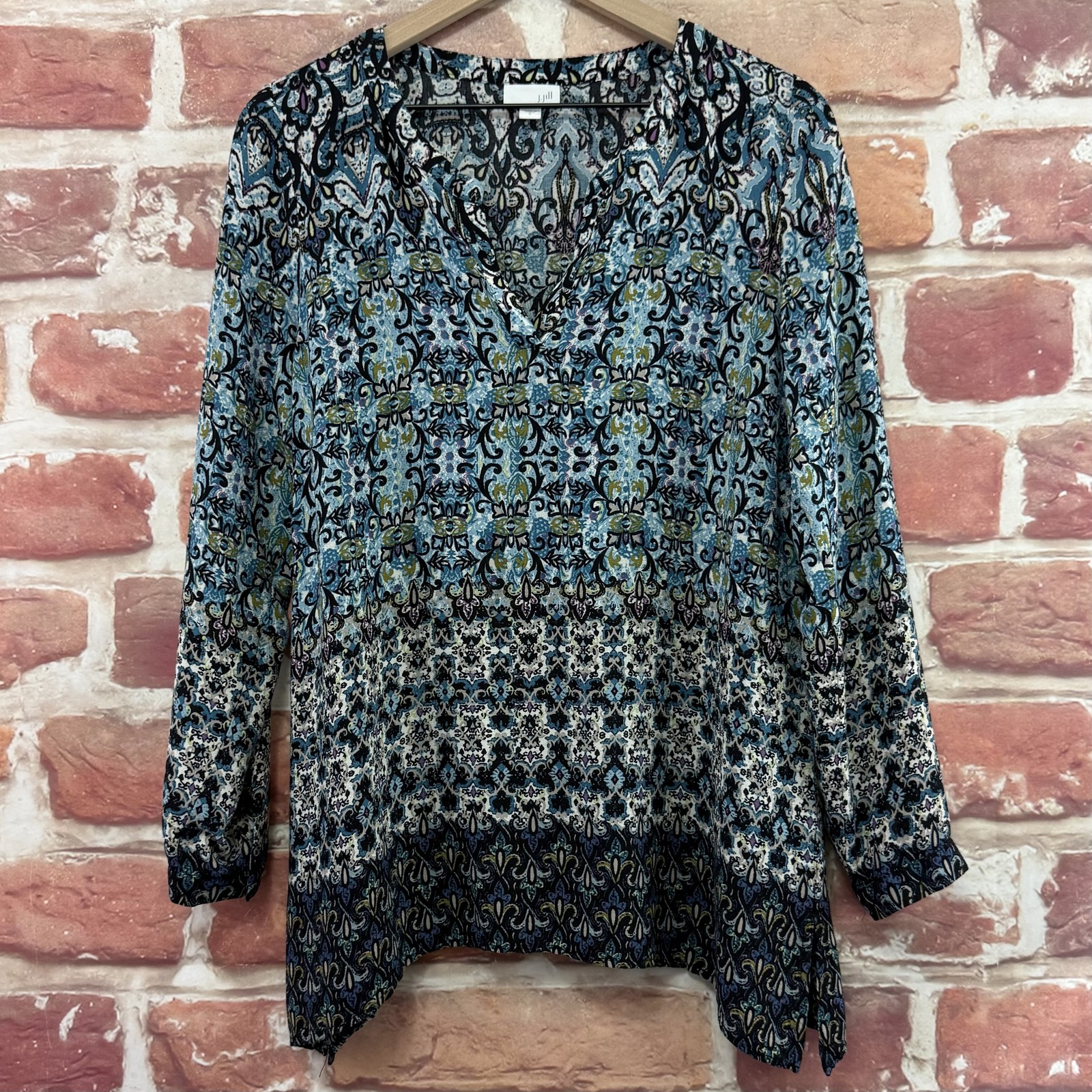 J. Jill Top Womens Small Blue Multicolor Boho Floral Bordered Trim Tunic Shirt
