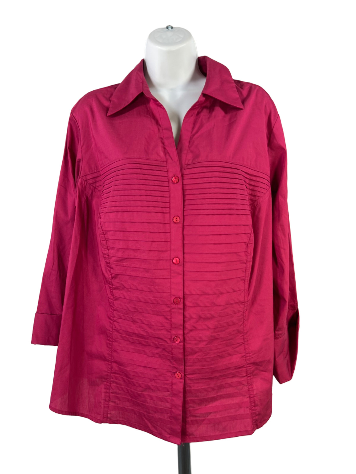 CJ Banks Women\'s Dark Pink Textured Front 3/4 Sleeve Button Up Blouse - Plus 2X