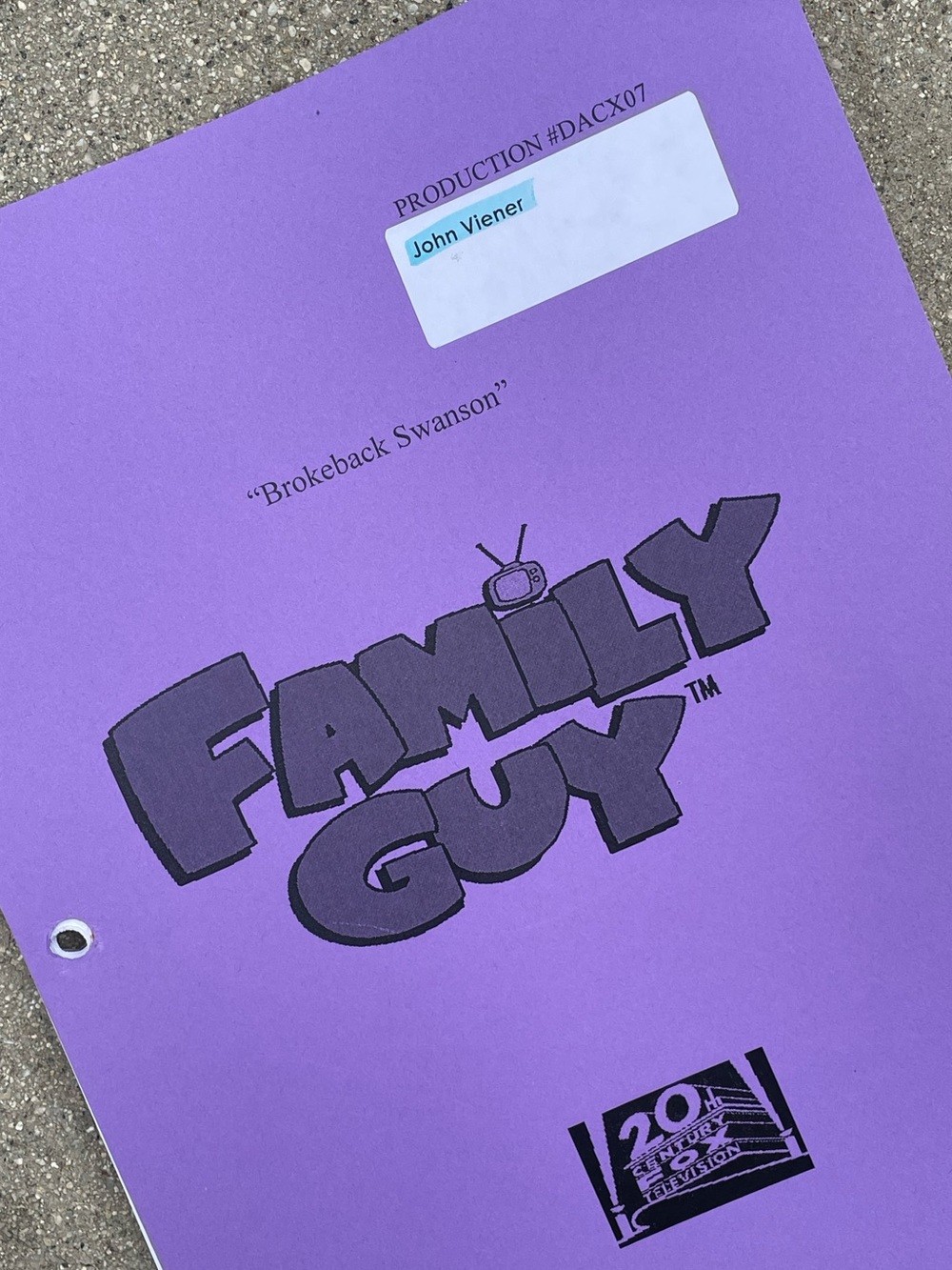 Family Guy 2014 John Veiner Production Used Table Script Brokeback Swanson RARE Family Guy 2014 John Veiner Production Used Table Script Brokeback Swanson RARE