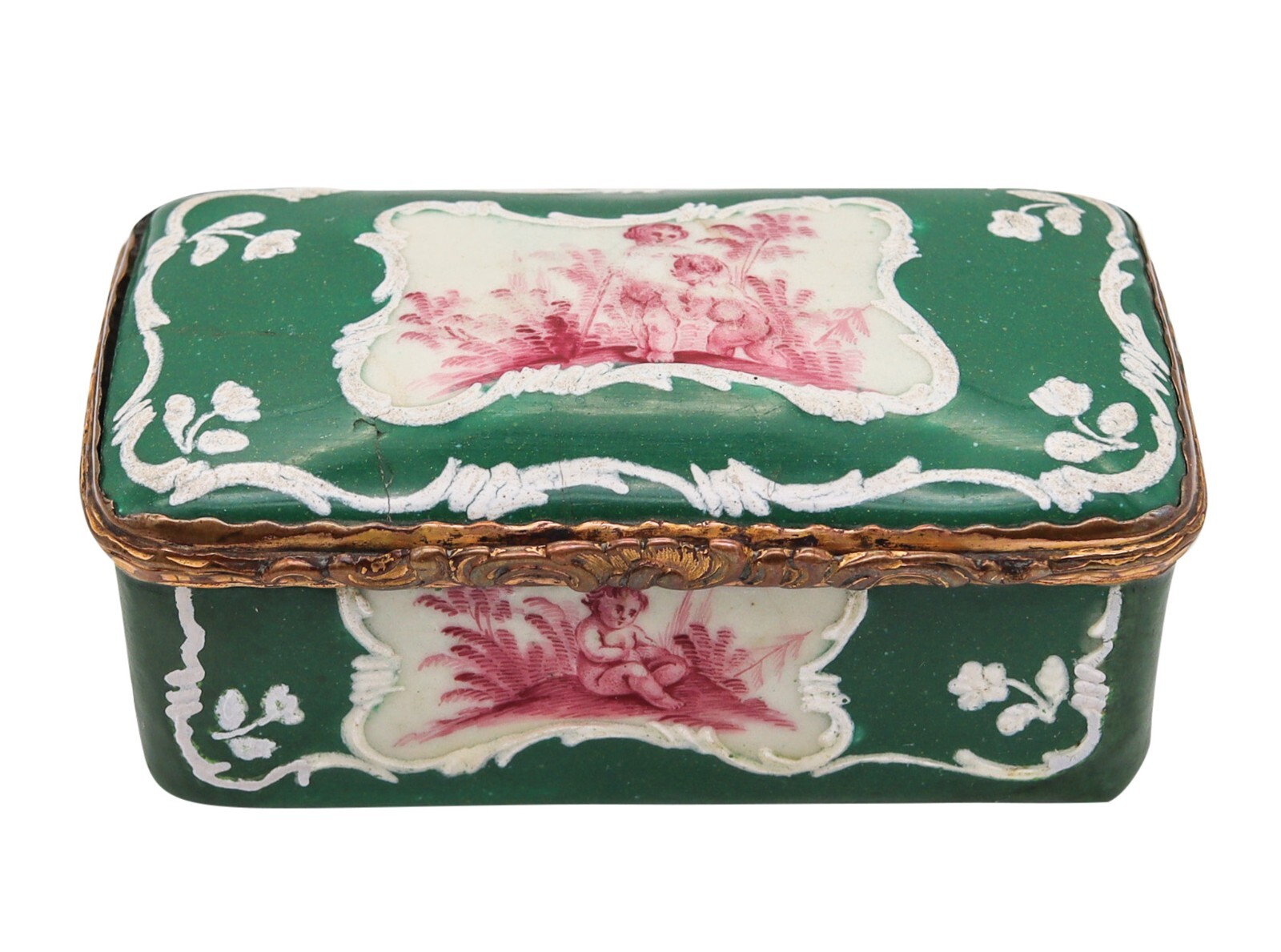 England 1780 Georgian Battersea Enamel Baroque Decorated Box In Gilded Bronze