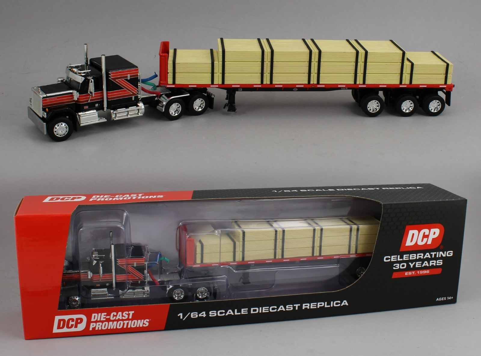 DCP 1:64 *BLACK & RED* GMC General Flattop w/48' Flatbed Trailer & Lumber Load DCP 1:64 *BLACK & RED* GMC General Flattop w/48' Flatbed Trailer & Lumber Load