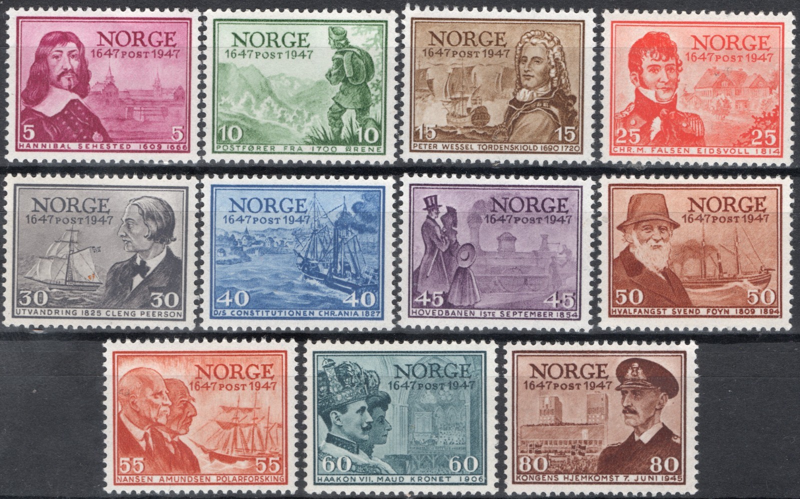 8 Norway 1947 NK 359-69 MNH, Postal Servis Jubilee, MI 326-36, SC #282-92.