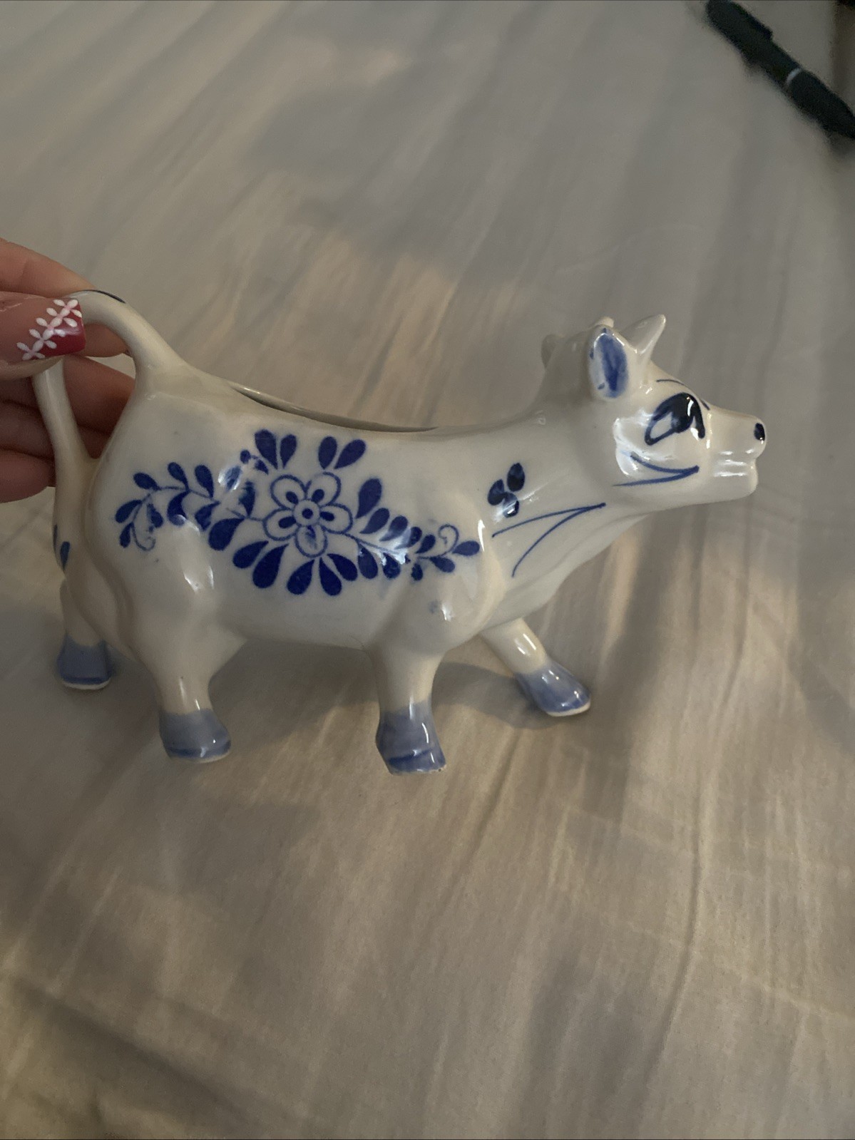 Vintage Delft Blue & White Holland Ceramic Cow Creamer Hand Painted Floral
