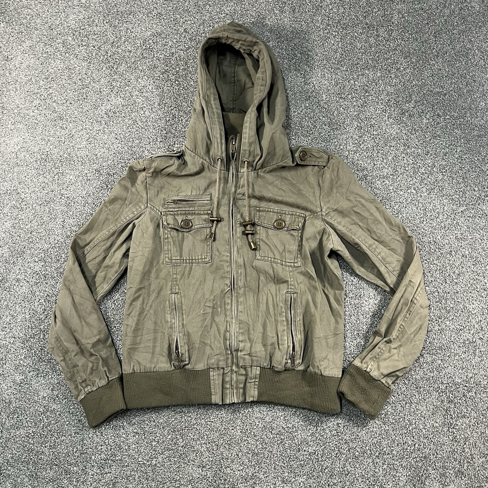 Guess Women’s XL Olive Green Military Utility Hooded Bomber Jacket Y2K Guess Women’s XL Olive Green Military Utility Hooded Bomber Jacket Y2K