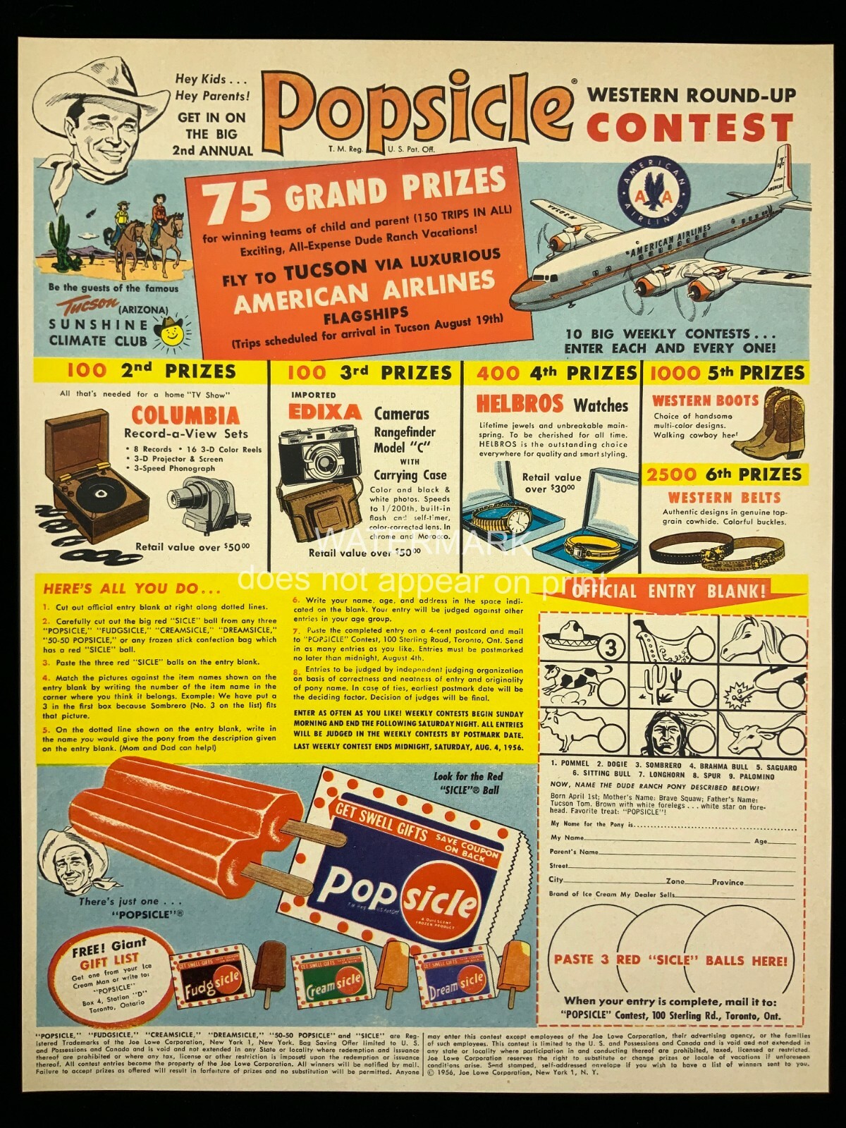 1956 Popsicle Western Round-Up Contest Red Sicle Balls Print Ad 683A 1956 Popsicle Western Round-Up Contest Red Sicle Balls Print Ad 683A
