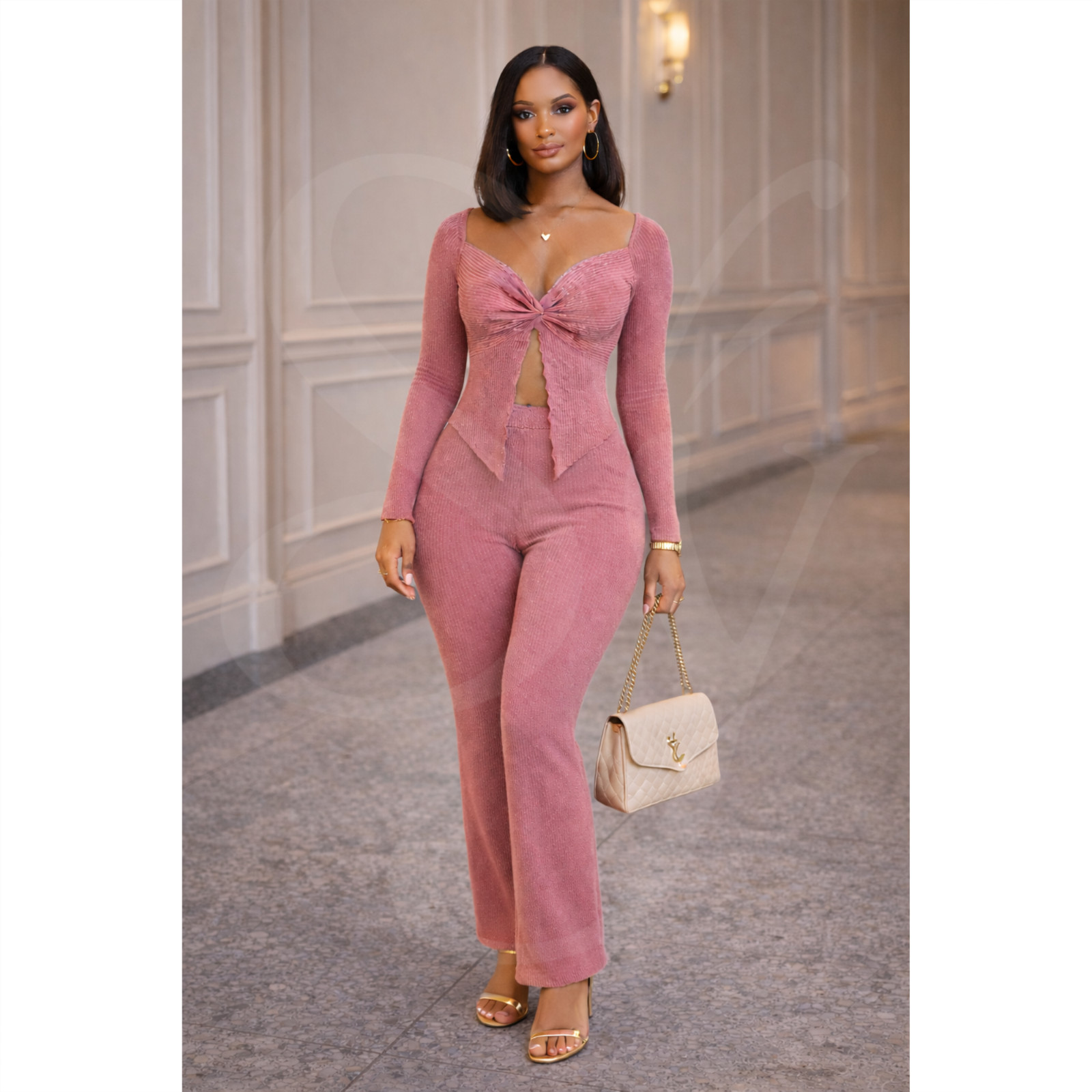 ASA Women’s Pink Ribbed 2 Piece Set Size Small Long Sleeve Twist Front Top Pants