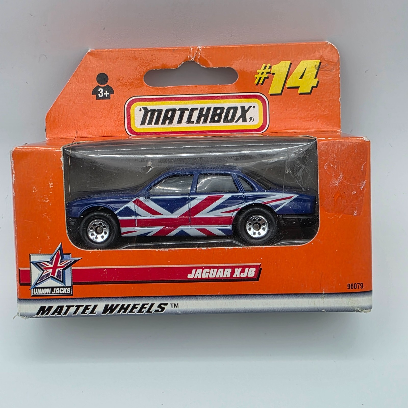 Matchbox 1999 orange boxes MB 14 Jaguar XJ6 color is blue with Union Jack graphi
