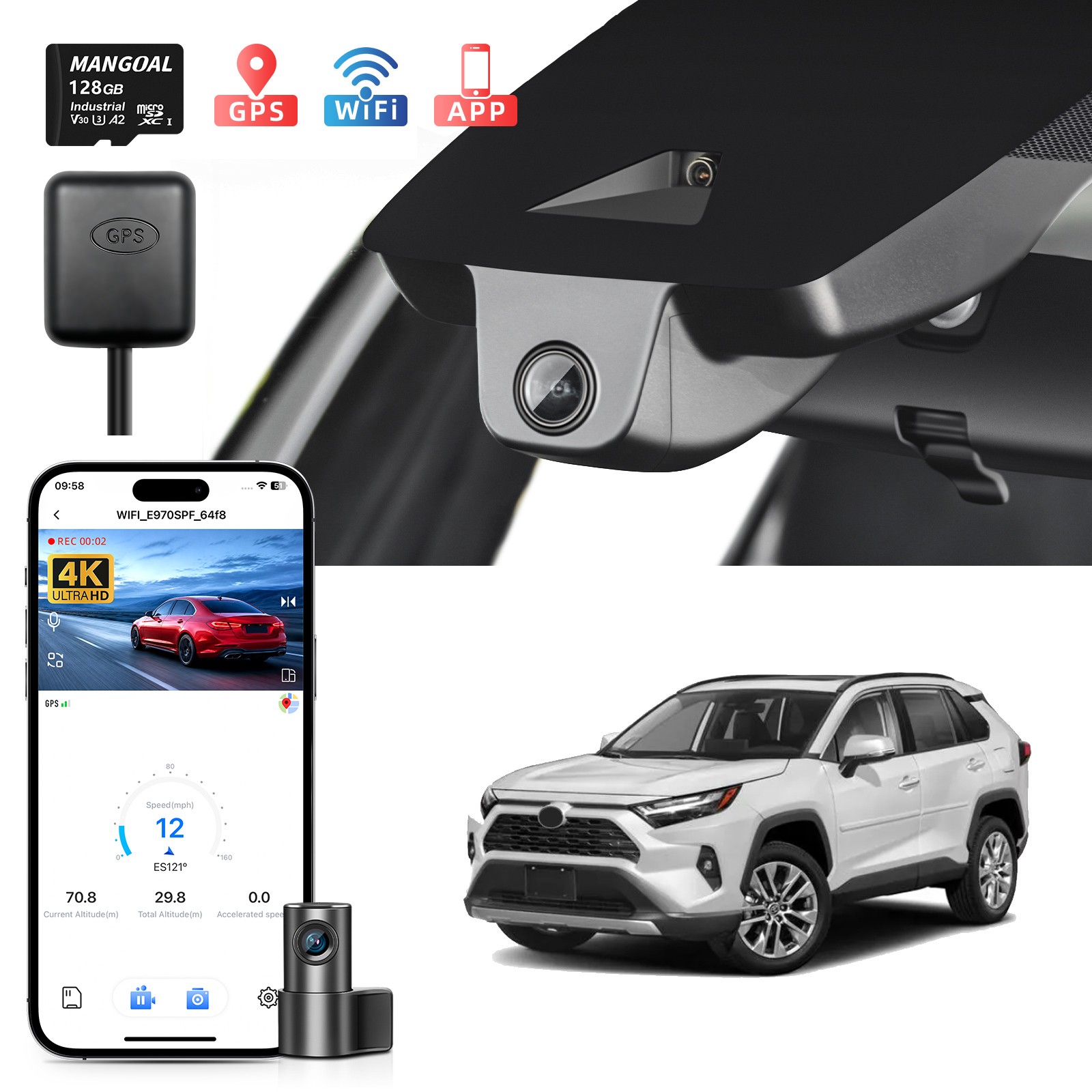 Mangoal 4K Front+1080P Rear Dash Cam Custom for Toyota RAV4/RAV4 Hybrid 2022-2025