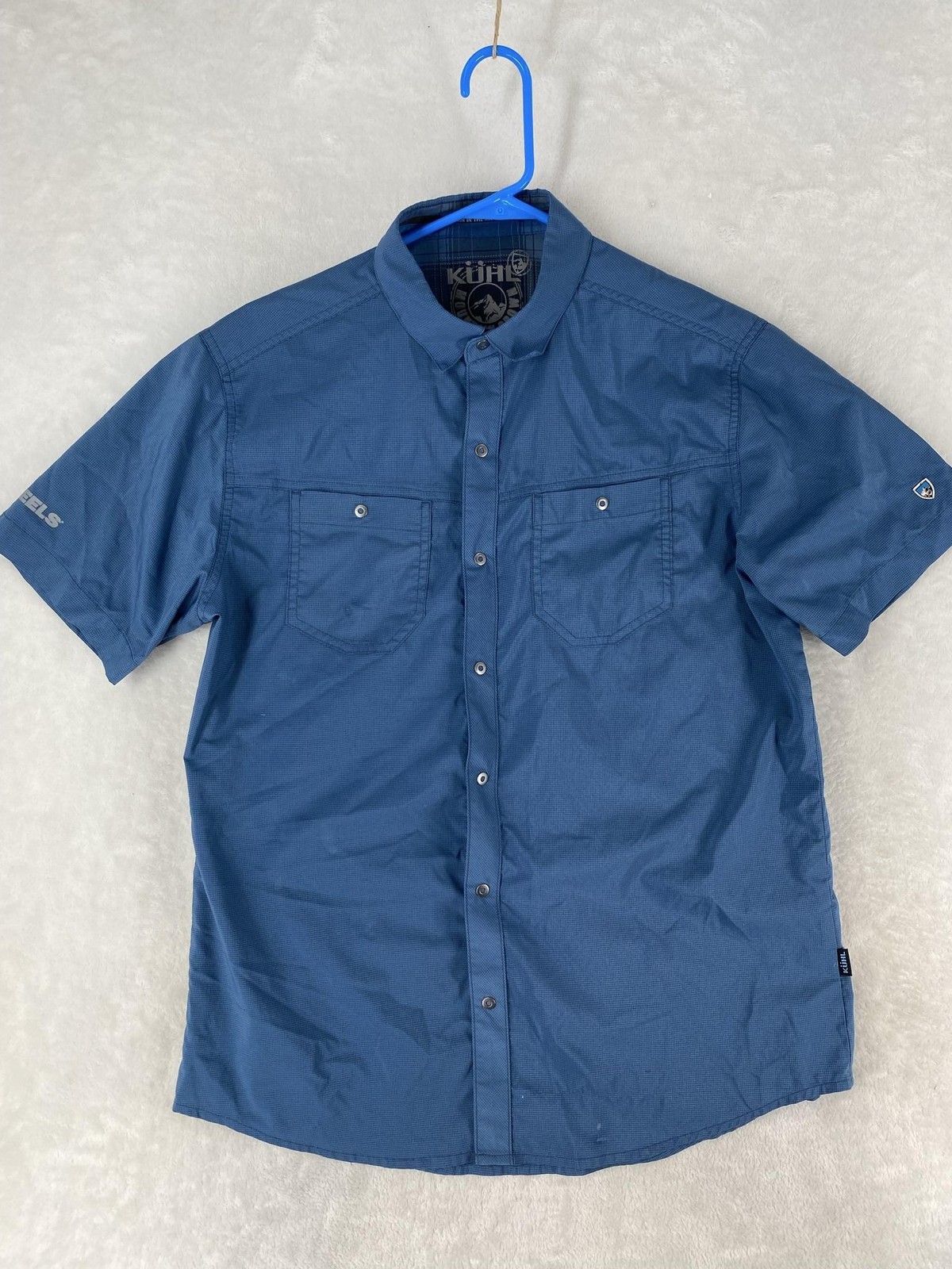 Kuhl Shirt Mens Medium Blue Check Stealth Button Up SCHEELS Logo Hiking