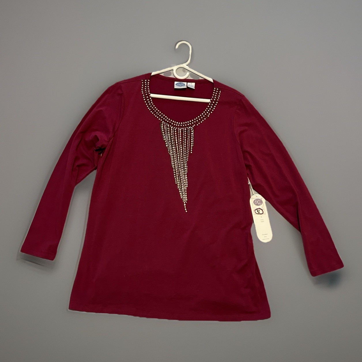 NWT Diane Gillman Rhinestone Draped Neckline Burgundy Top Sz 1X