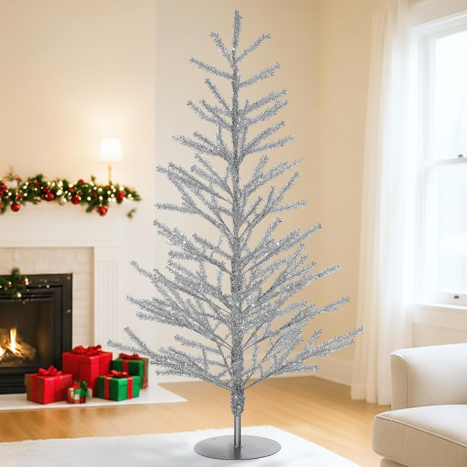 4Ft Tinsel Christmas Tree, Retro Aluminum Christmas Tree, Silver 4Ft Tinsel Christmas Tree, Retro Aluminum Christmas Tree, Silver