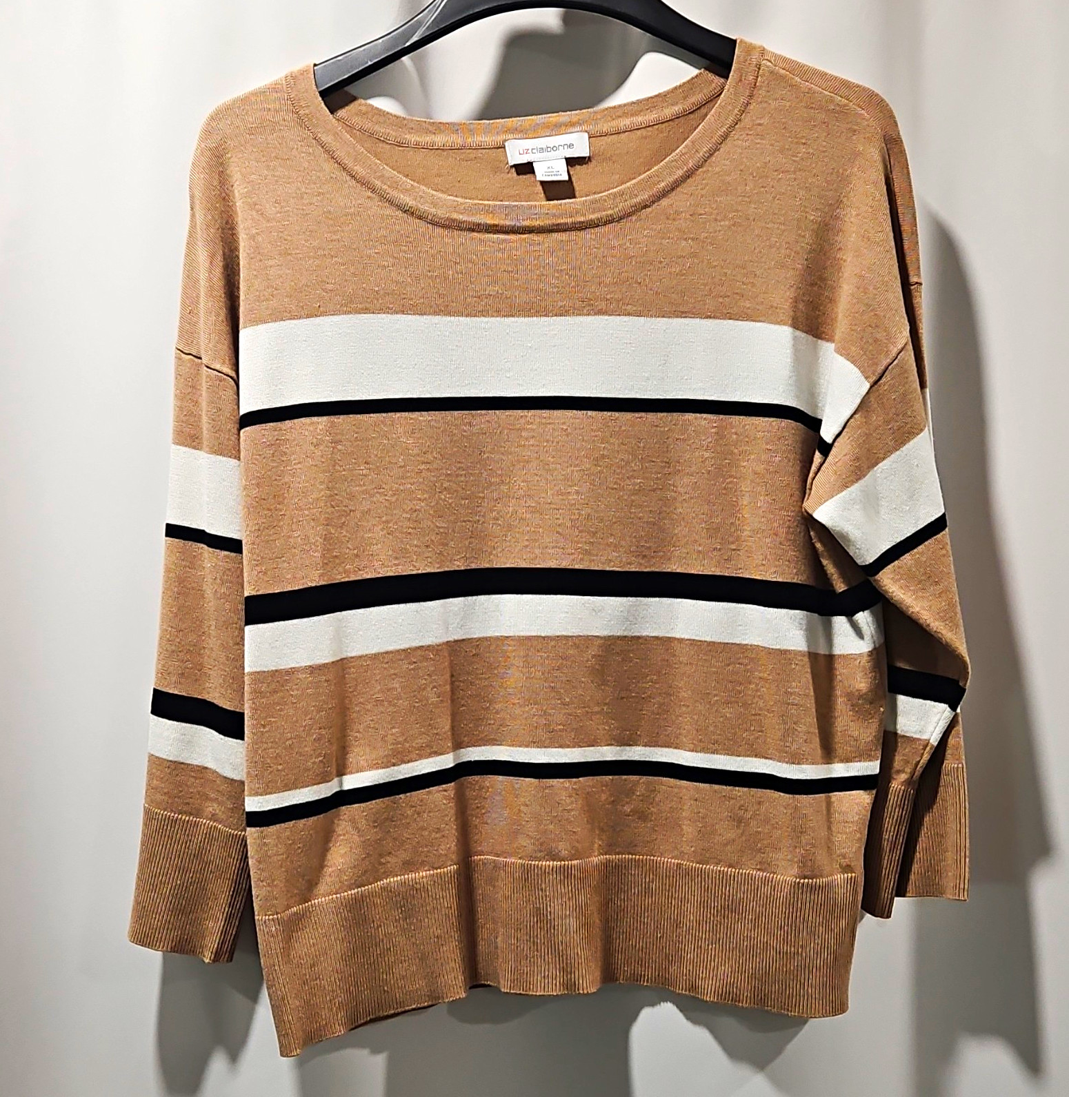Womens XL Liz Claiborne Sweater, Tan With Black And White Stripes