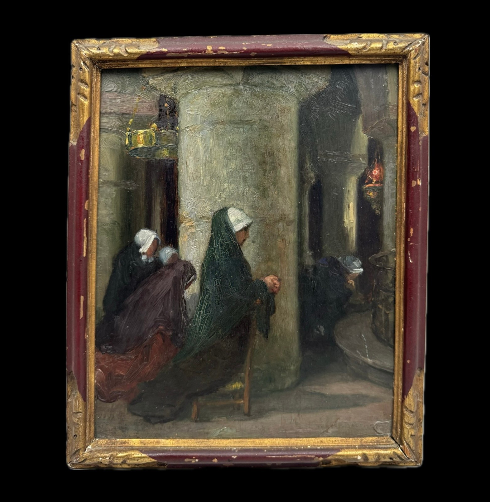 Antique Framed Oil Painting on Wood Panel, French School, Genre Scene