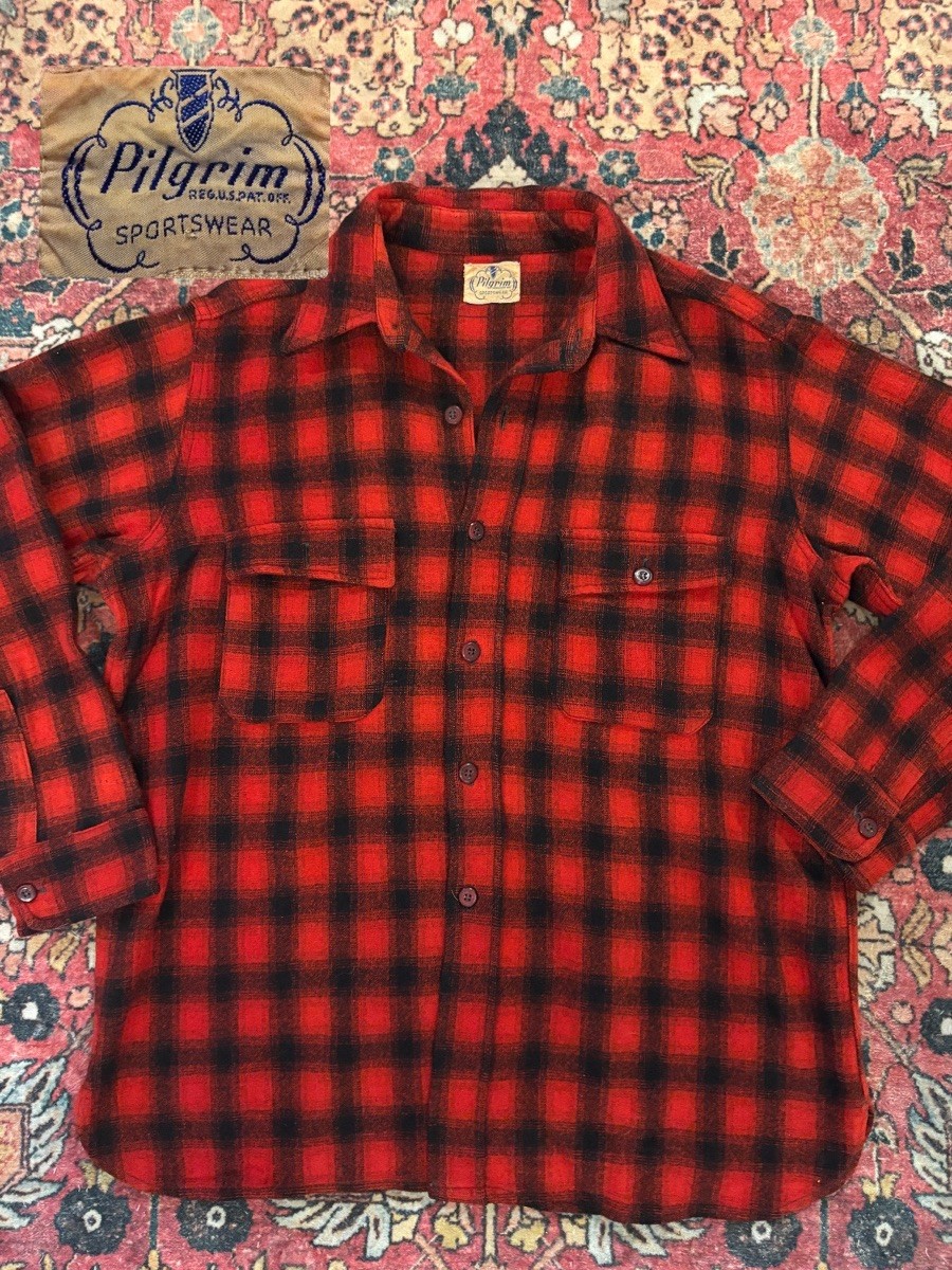 VTG 40s 50s Pilgrim Shadow Plaid Cotton Collar Flannel Shirt Size L Red Wool VTG 40s 50s Pilgrim Shadow Plaid Cotton Collar Flannel Shirt Size L Red Wool
