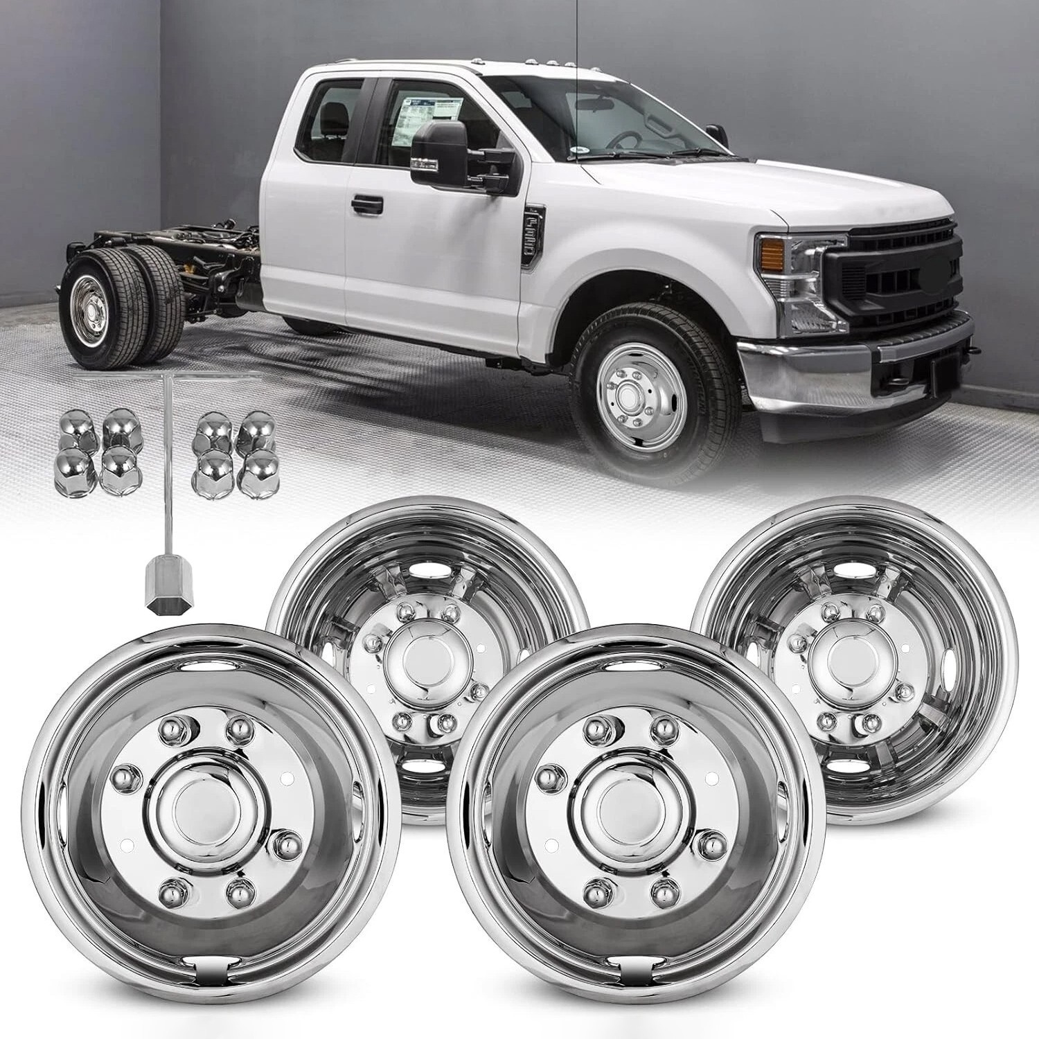 For 2005-2025 Ford F350 17'' Stainless Steel Dual Wheel Simulators Rim Covers