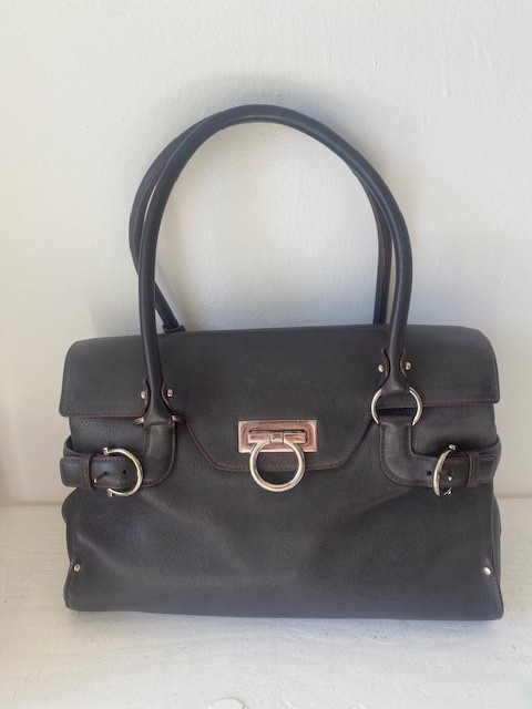 Authentic Salvatore Ferragamo Gancini Brown Leather Satchel Bag Silver Hardware