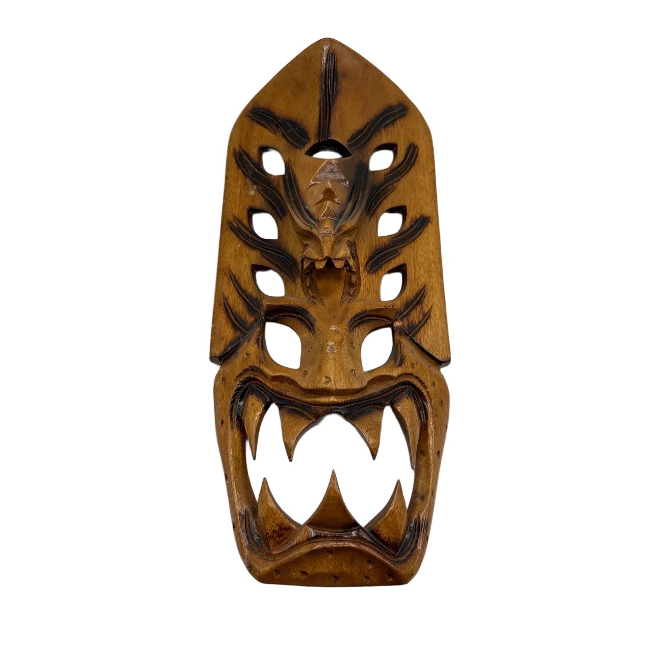 Vtg Hand Carved Dragon Wooden Mask Tribal Art Brown Hawaiian Indo 14.5x7 Tiki
