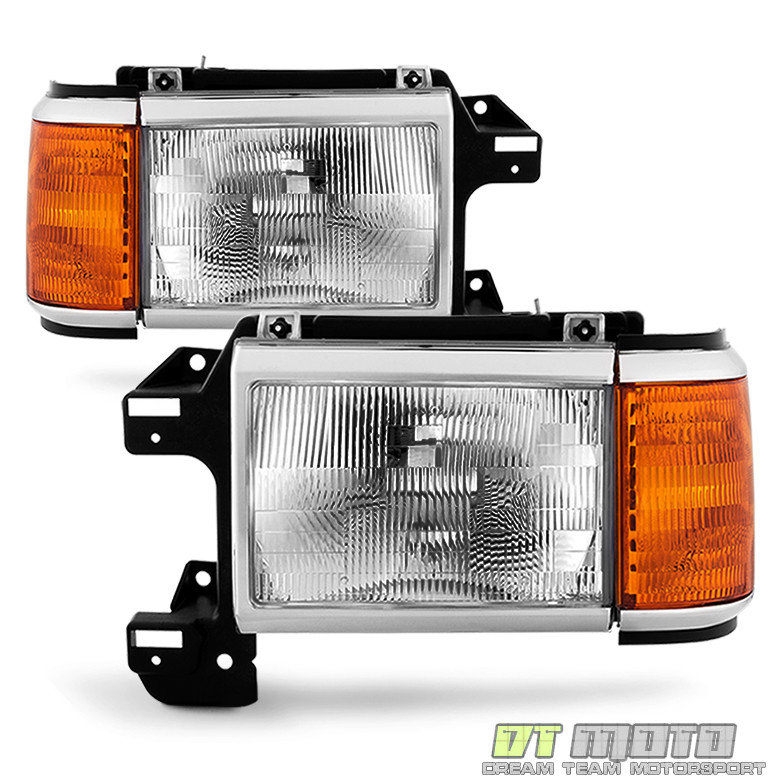 1987-1991 Ford Bronco F150 F250 Truck Headlights Chrome Trim Headlamps Pair Set