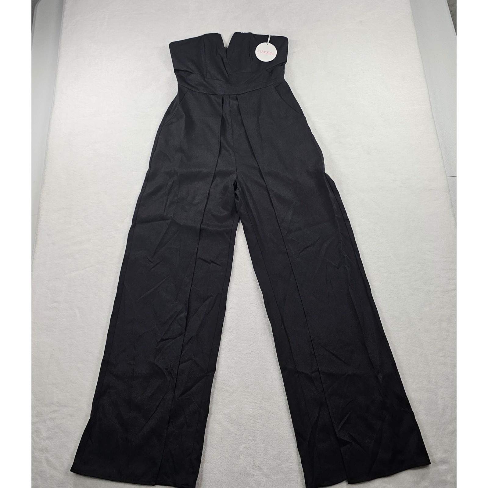 Luxxel Black Strapless V-Neck Wide Leg Slit Jumpsuit LJP3323 Medium NWT Luxxel Black Strapless V-Neck Wide Leg Slit Jumpsuit LJP3323 Medium NWT