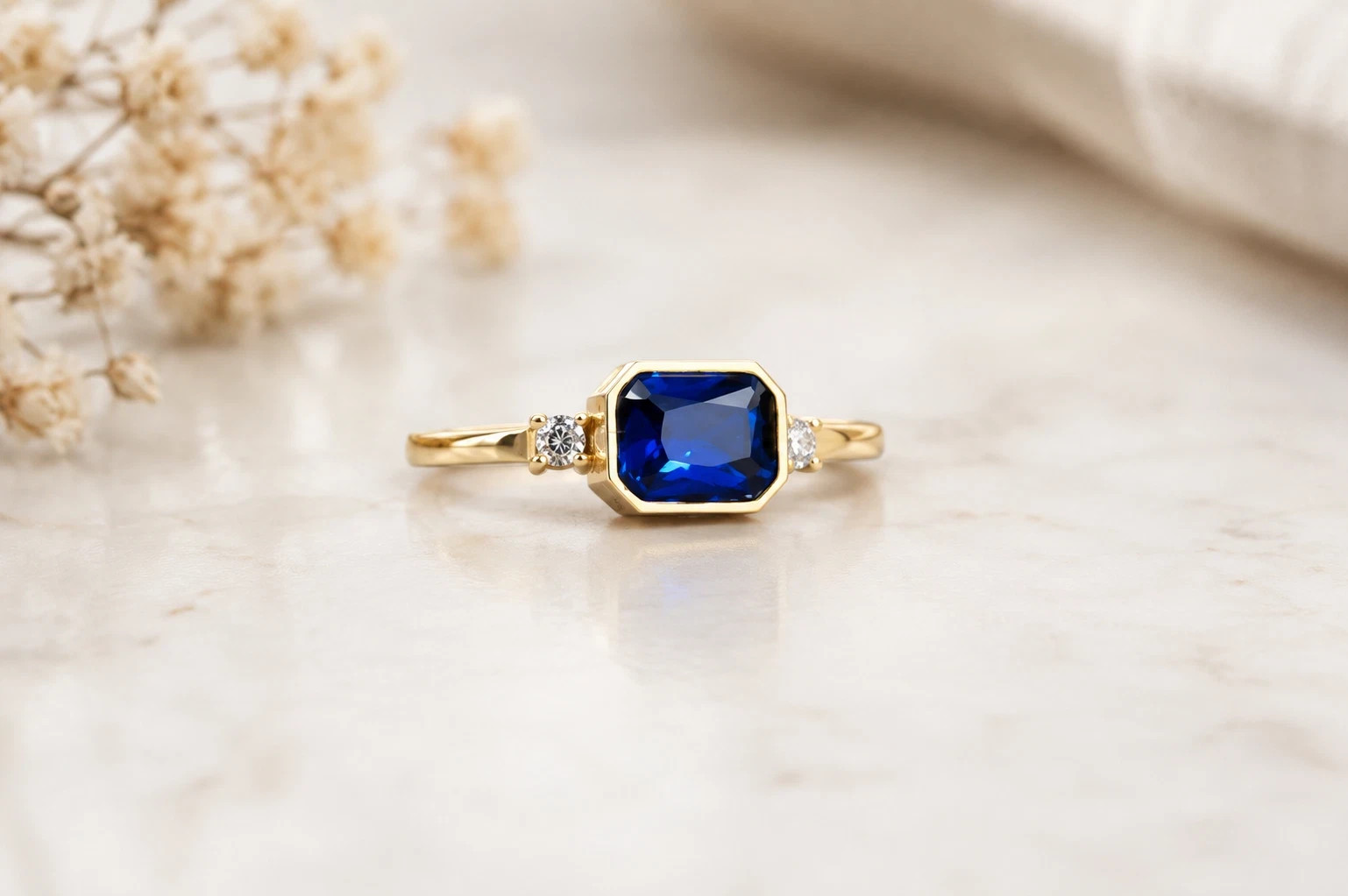 1.20 Ct Emerald Cut Natural Sapphire & Diamond Wedding Ring 14K Yellow Gold