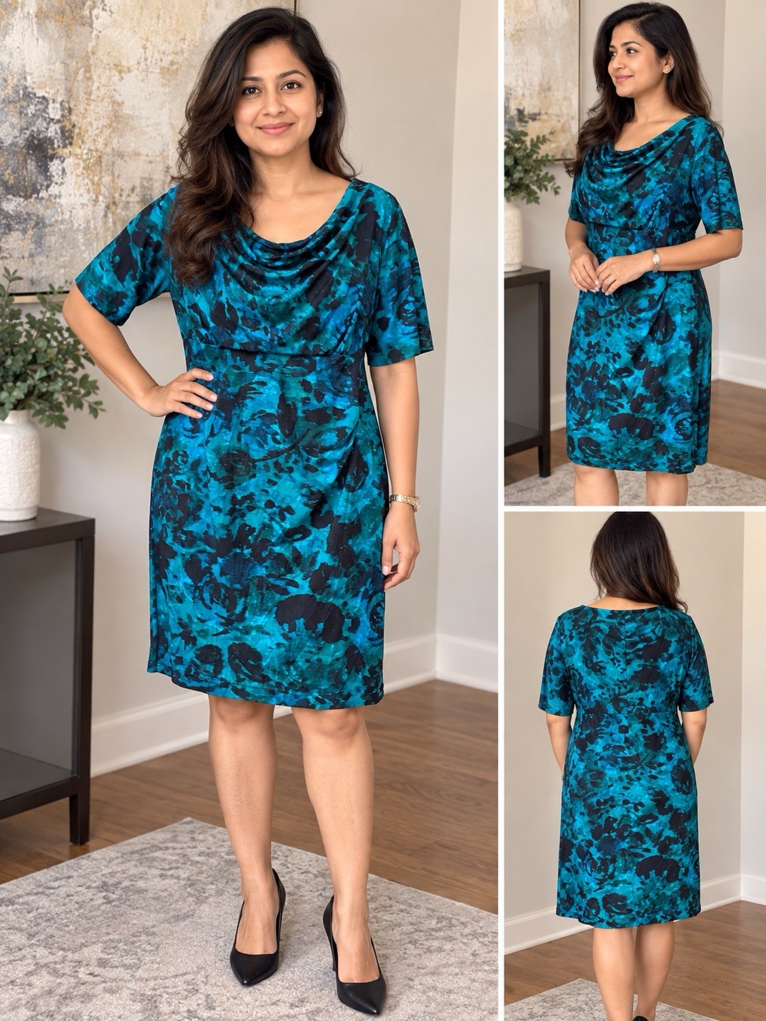 Connected Apparel Sheath Dress 22W Plus Blue/Black Floral Cowl Neck Ruched Connected Apparel Sheath Dress 22W Plus Blue/Black Floral Cowl Neck Ruched