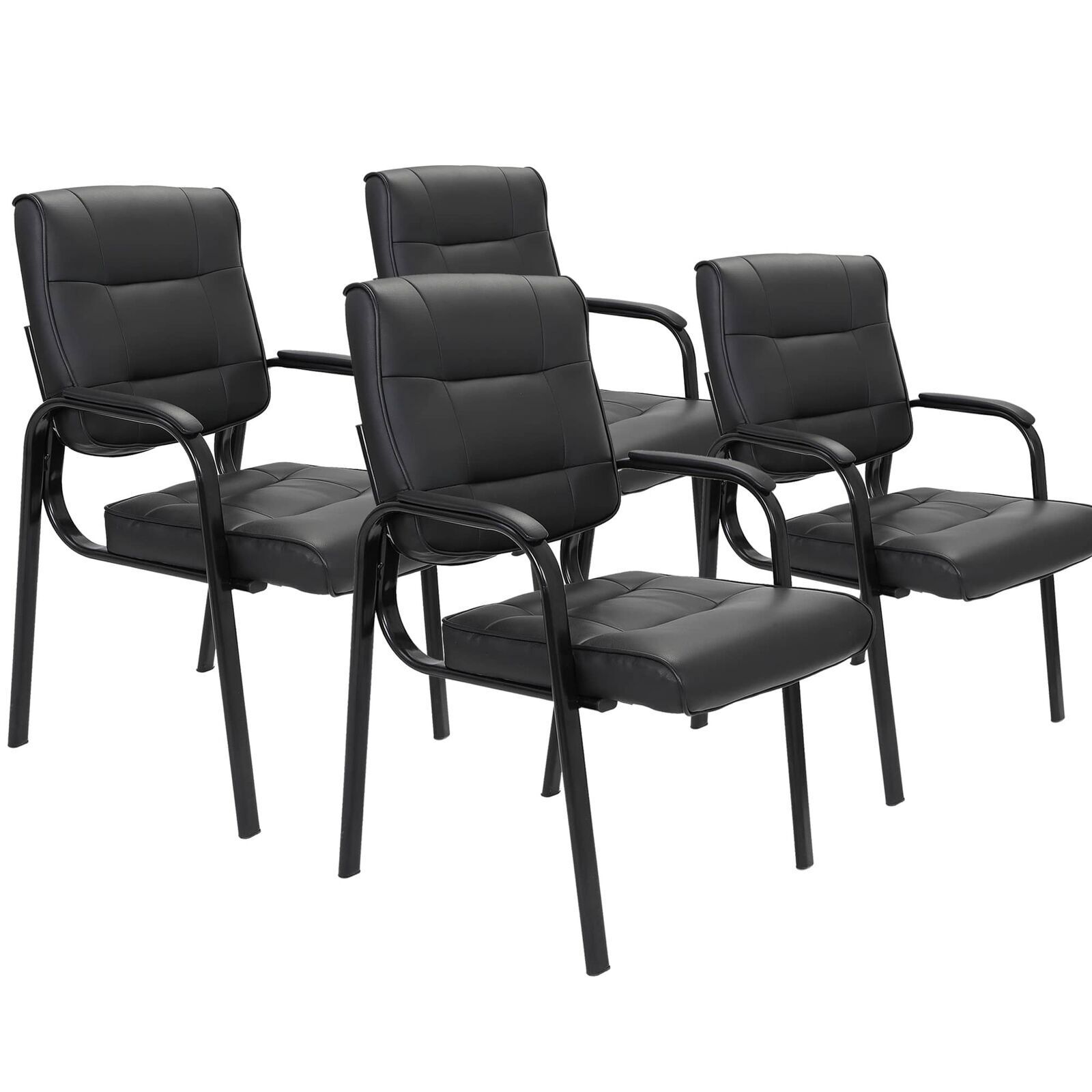 4pcs Classic Office Guest Chairs Black Leather Solid Metal Reception Armchair