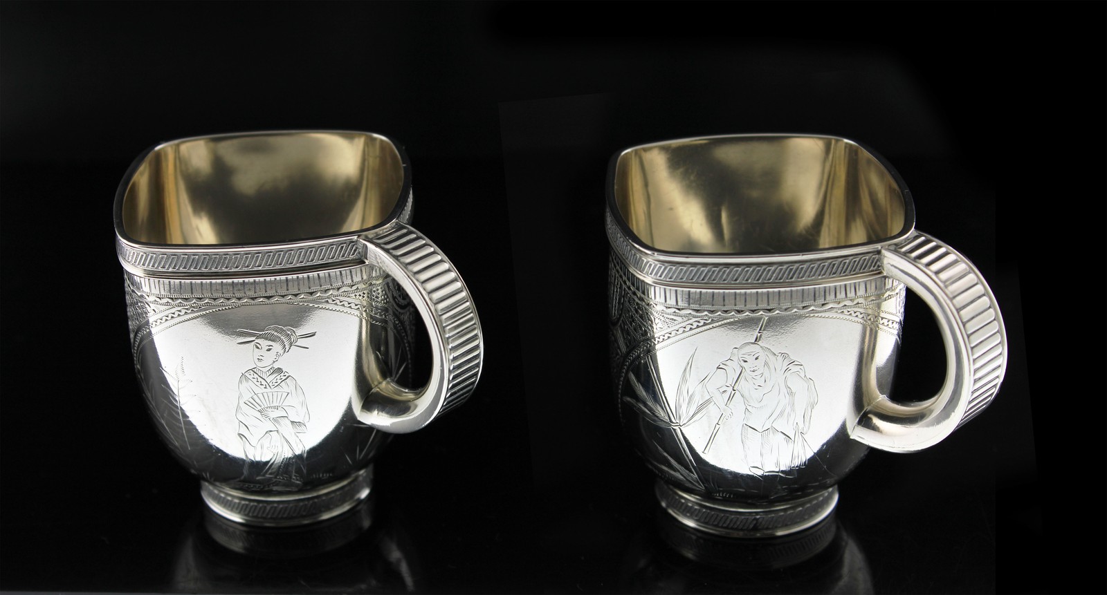 Antique Gorham Japanese Sterling Silver Cups Hand Engraved Pair Late 1800s