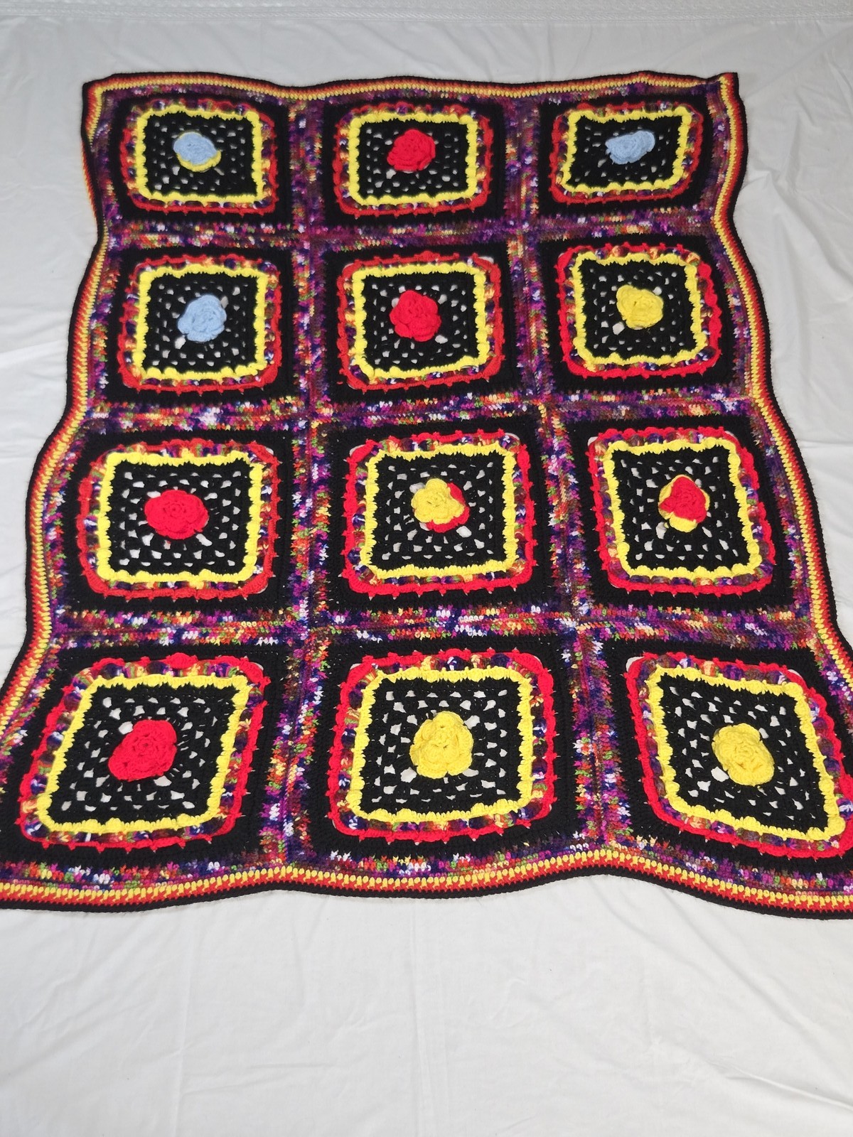 Handmade Crocheted Granny Square Throw Blanket Afghan Black Multicolor 63\
