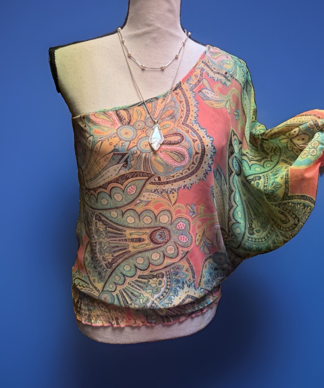 Studio Y One Shoulder Boho Paisley Bell Sleeve Smocked Y2K Flowy Fairy Blouse XS Studio Y One Shoulder Boho Paisley Bell Sleeve Smocked Y2K Flowy Fairy Blouse XS