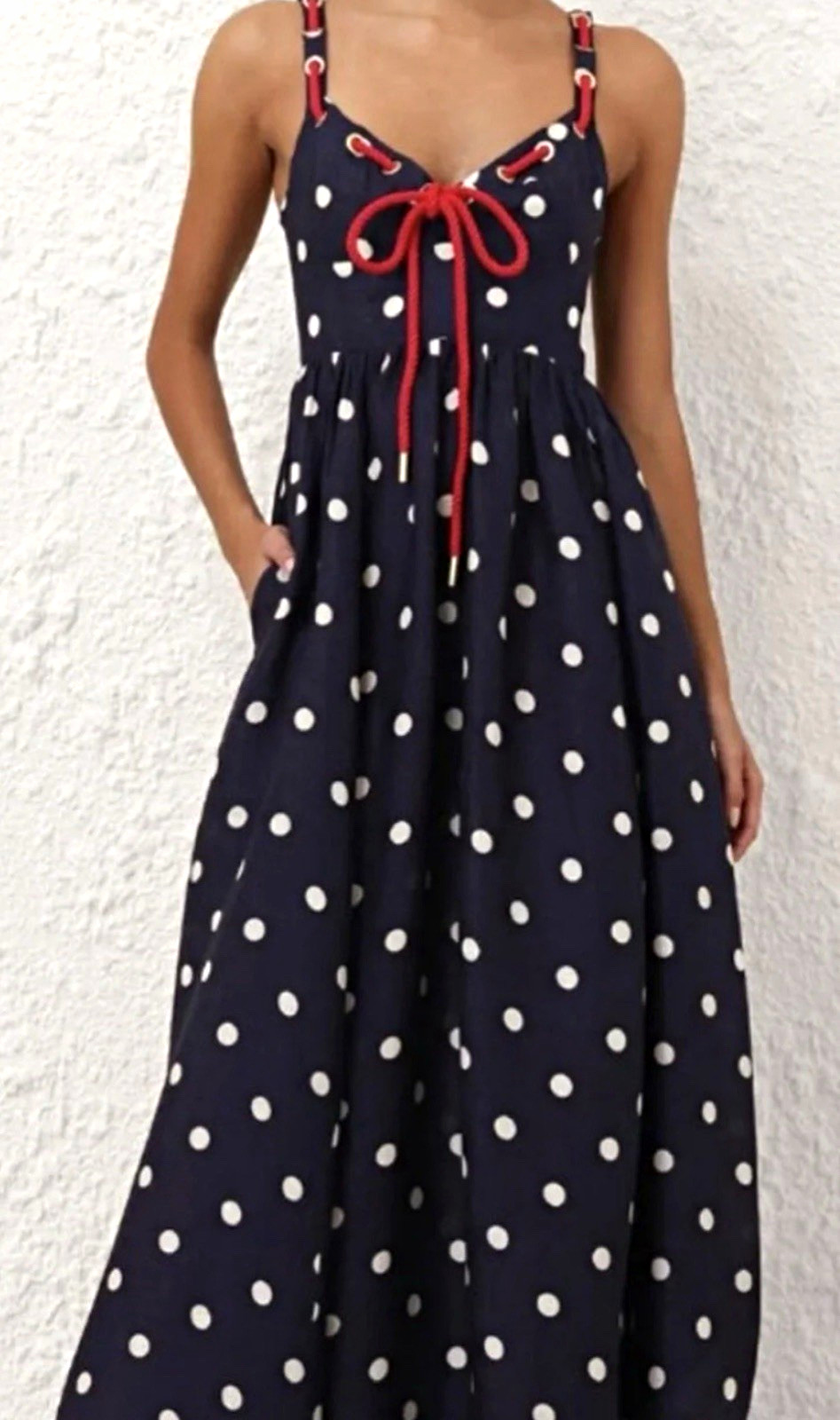 ZIMMERMANN Navy Polka Dot Maxi Dress V-Neck Spaghetti Straps Bow Size 1 ZIMMERMANN Navy Polka Dot Maxi Dress V-Neck Spaghetti Straps Bow Size 1