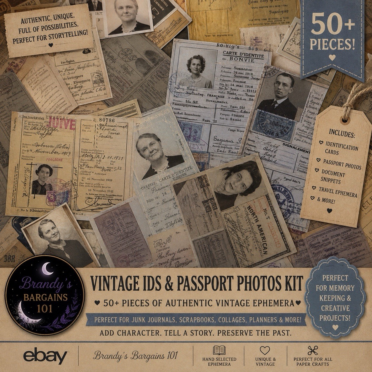 50 +piece vintage style(ID &passport Photos)  Lot Junk Journal Ephemera