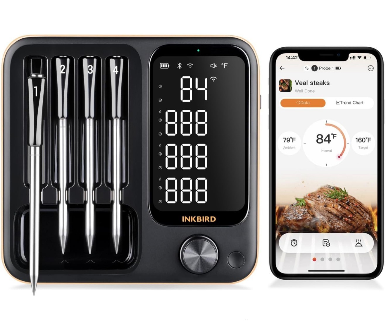 INKBIRD Truly Wireless Meat Thermometer with 4 Probes,Bluetooth with Backlit LCD