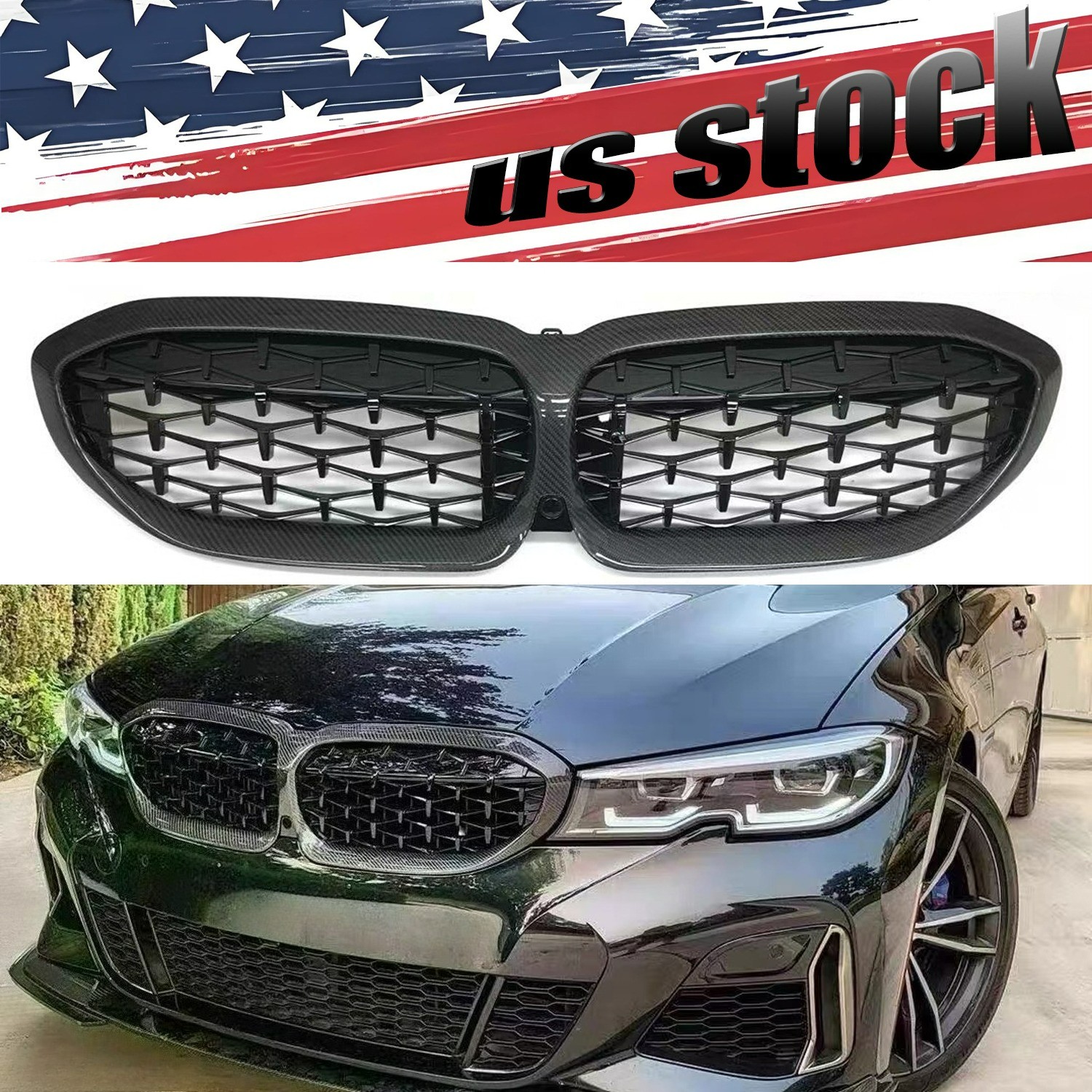 Carbon Fiber Front Kidney Diamond Grill Grille for 2019-2022 BMW G20 330i M340i Carbon Fiber Front Kidney Diamond Grill Grille for 2019-2022 BMW G20 330i M340i