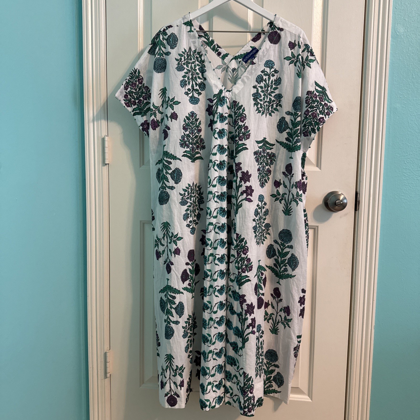 Ro’s Garden Floral Caftan Beach Dress Long Purple Green M/L
