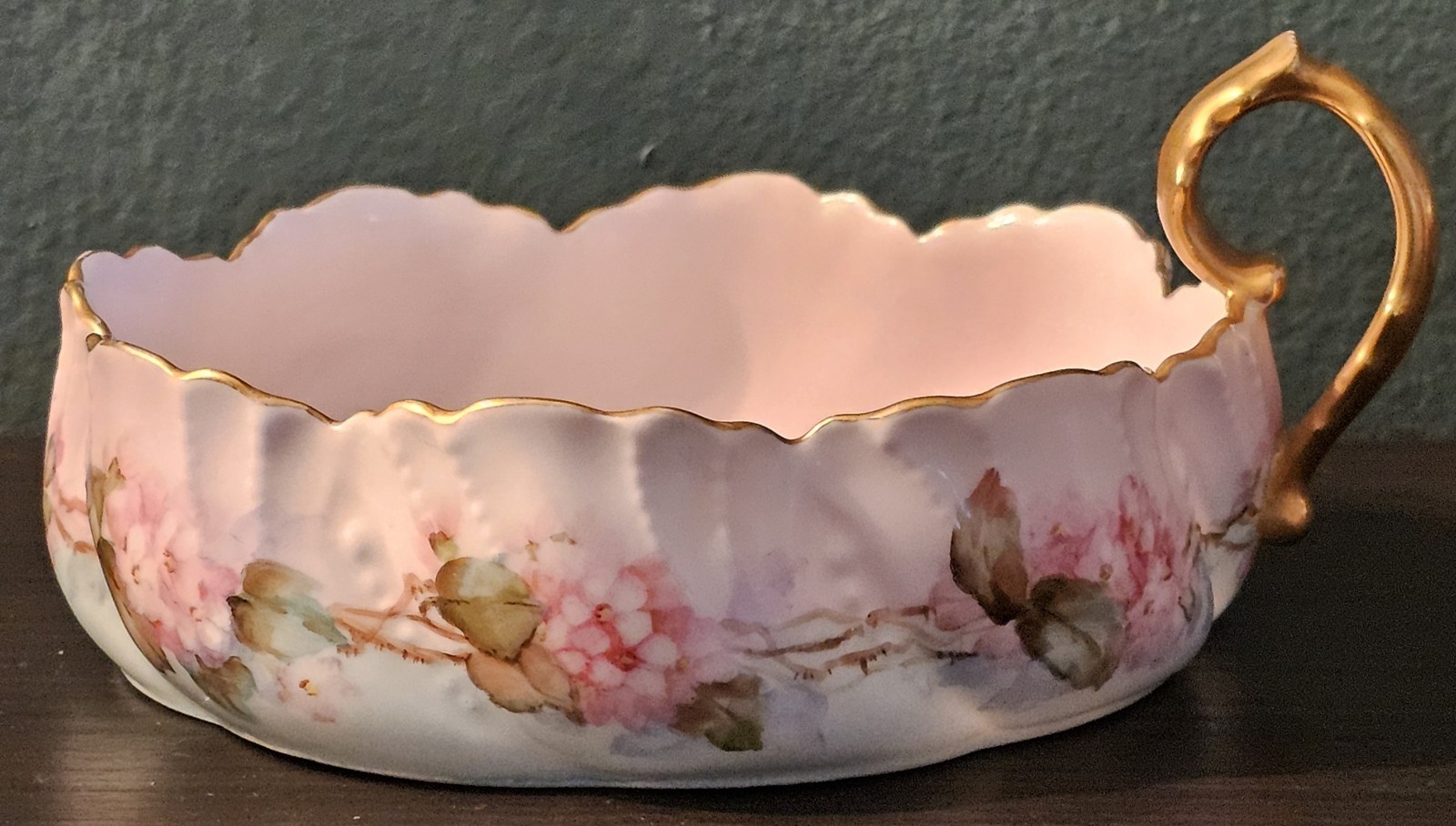 Antique Limoges France A Lanternier Nappie Dish Hand Painted Floral Gold Handle Antique Limoges France A Lanternier Nappie Dish Hand Painted Floral Gold Handle