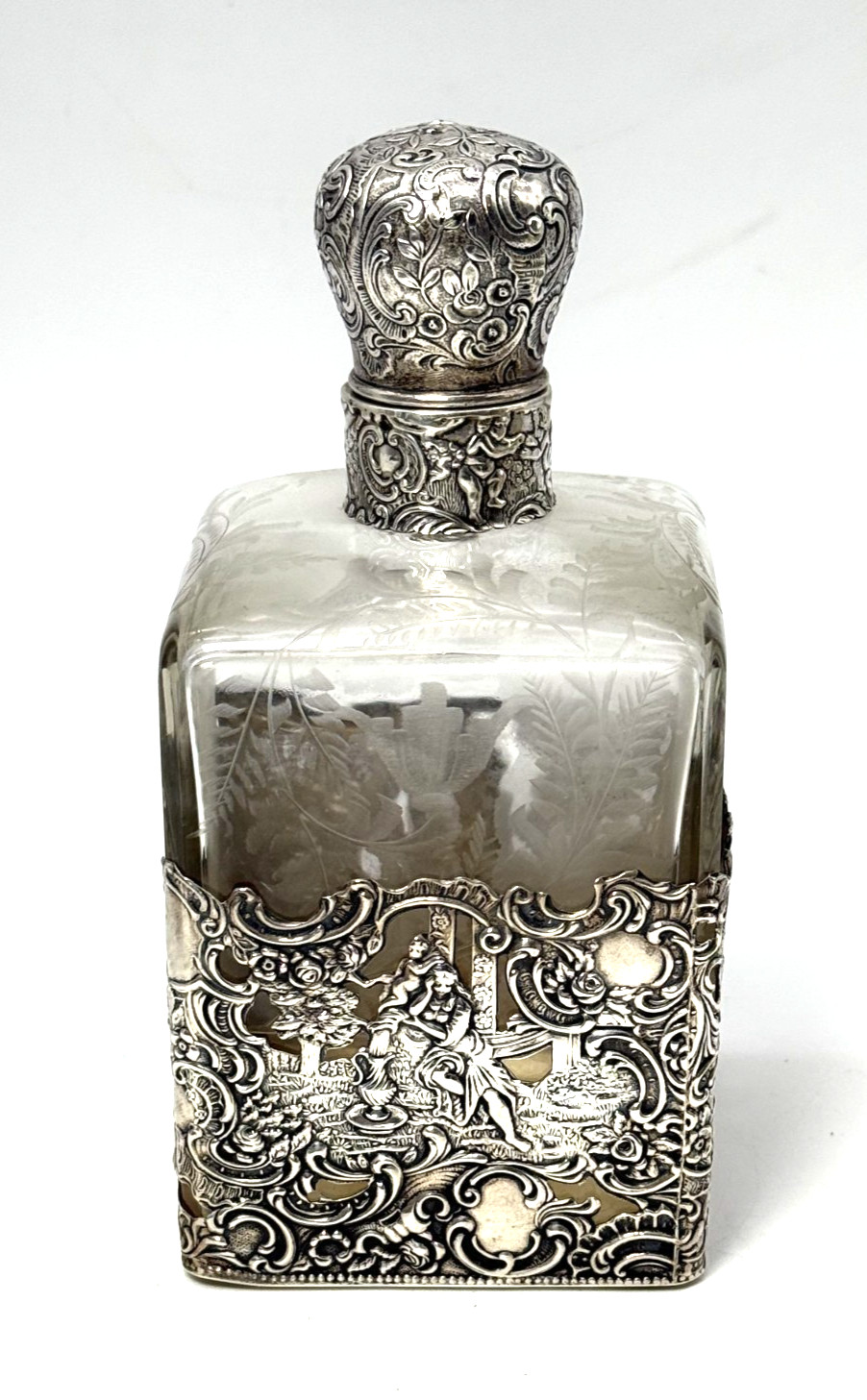 Antique 1890's  Hanau  800 Silver Overlay  High Relief Etched Decanter Bottle