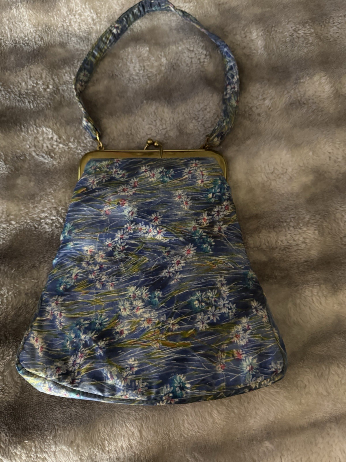 Vintage Ingber Blue Flowered Silk Purse Coin Purse and Mirror Included Great Con Vintage Ingber Blue Flowered Silk Purse Coin Purse and Mirror Included Great Con