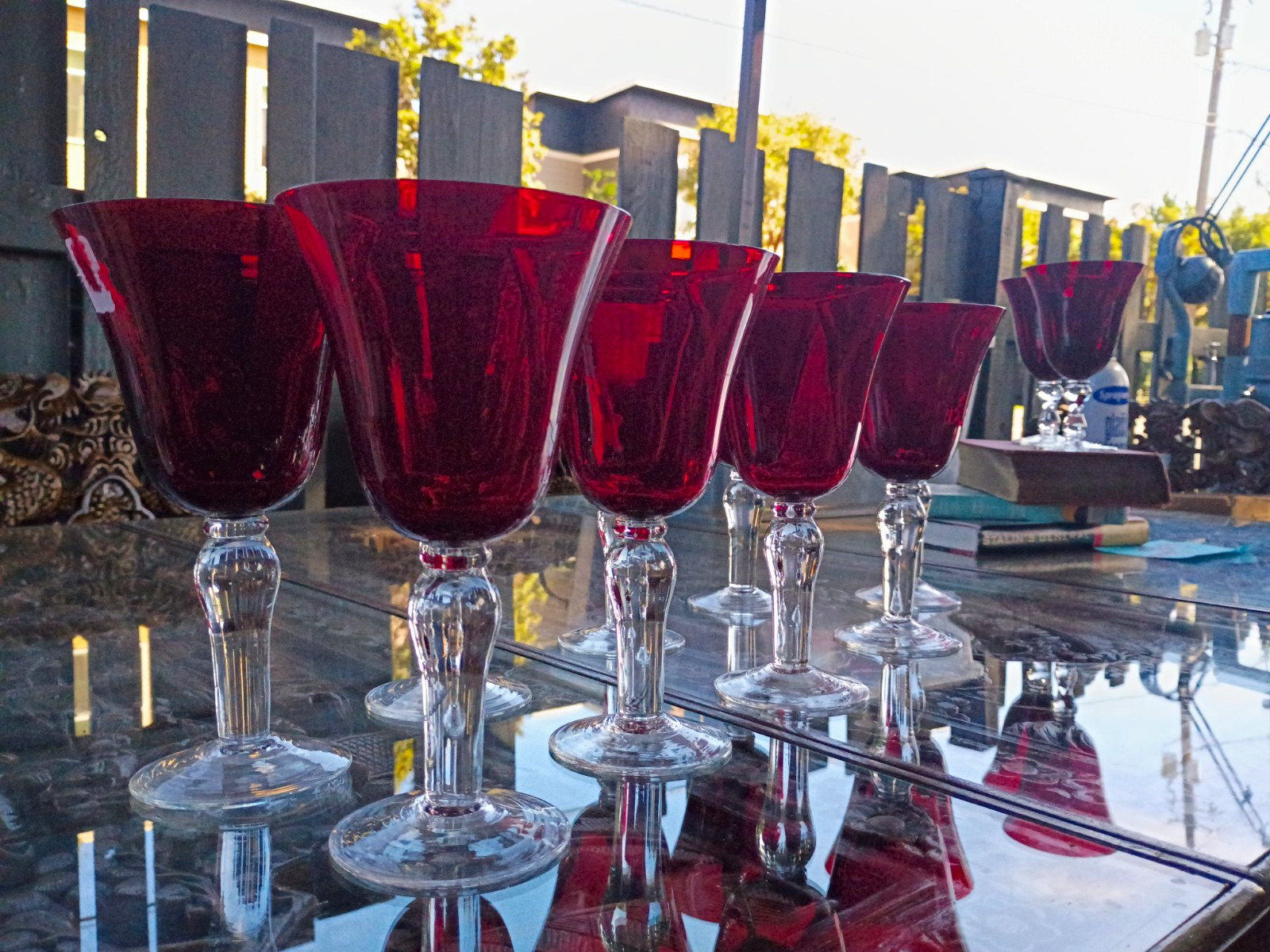 Vintage Ruby Red Wine Goblets – 9– Clear Stem, Mid-Century Style Vintage Ruby Red Wine Goblets – 9– Clear Stem, Mid-Century Style