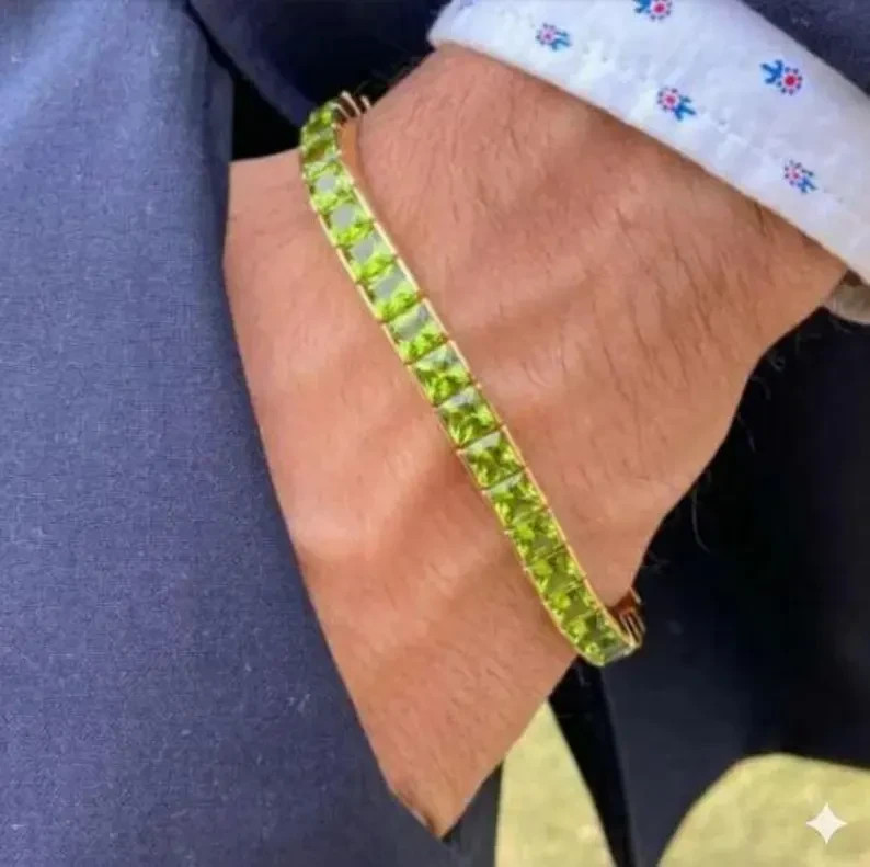 12 Ctw Princess Lab Created Peridot Men\'s Tennis Bracelet 14K Yellow Gold Plated