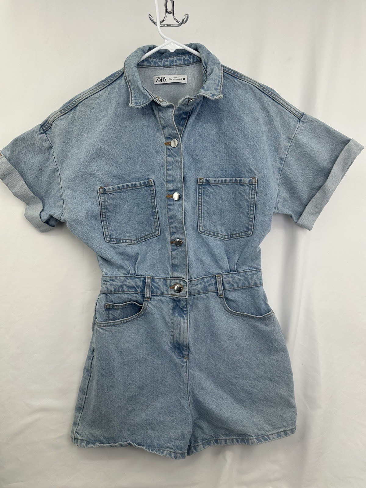 Zara Womens Romper M Blue Denim Jean Light Wash Short Sleeve Pockets