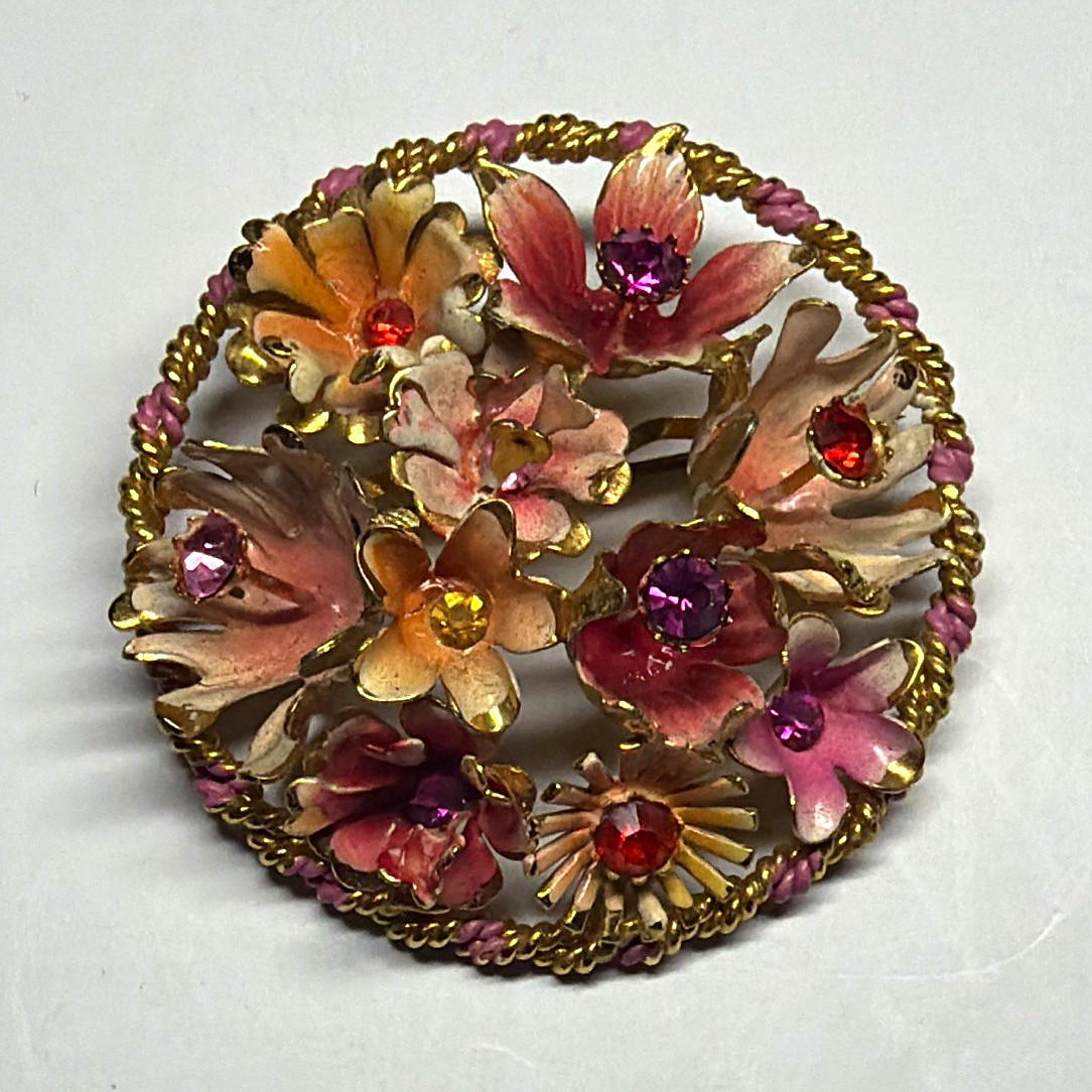 Vintage Signed Made In Austria Floral Brooch Pink