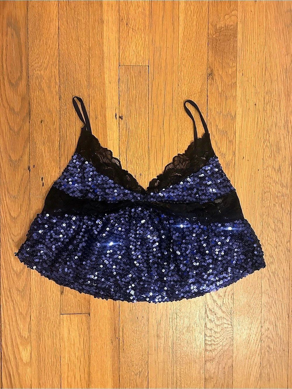 Free People Right Rhythm Sequin Cami Blue Black Lace Trim V Neck Party Size S