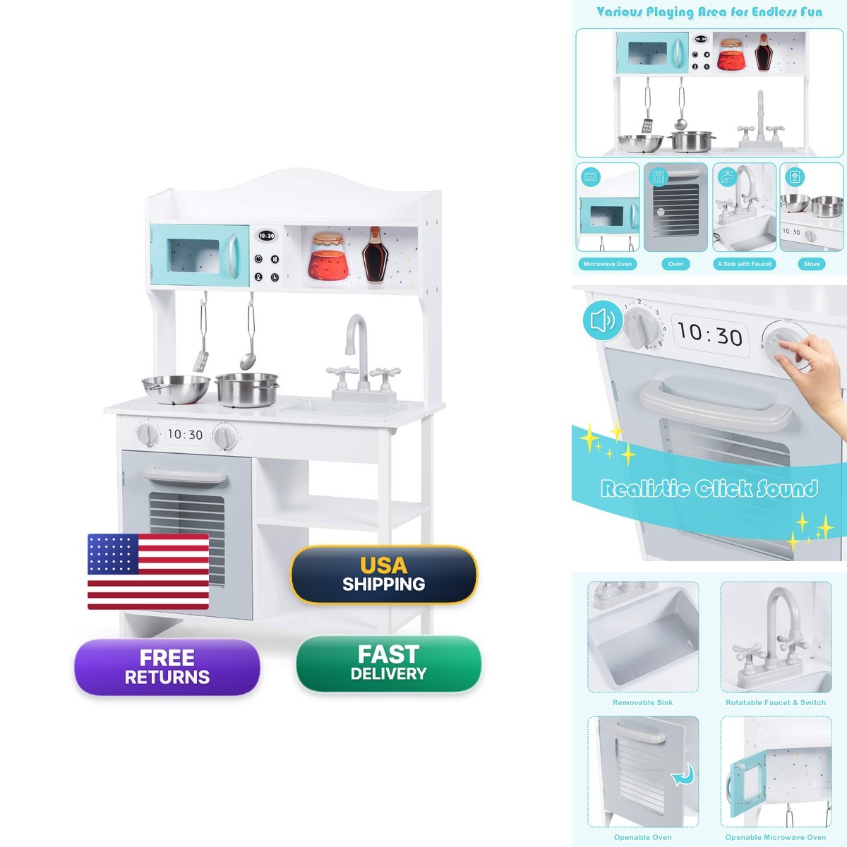 HONEY JOY Kids Kitchen Playset Wooden Play Kitchen Set Microwave Sink Stove HONEY JOY Kids Kitchen Playset Wooden Play Kitchen Set Microwave Sink Stove