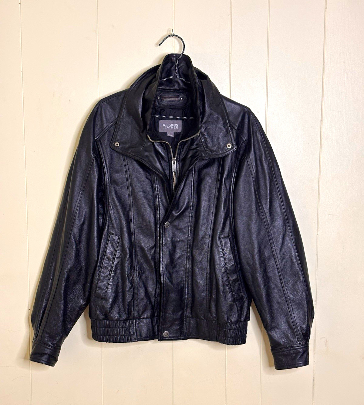 Wilsons Leather Men\'s Black Genuine Leather Bomber Jacket L Lined Full Zip